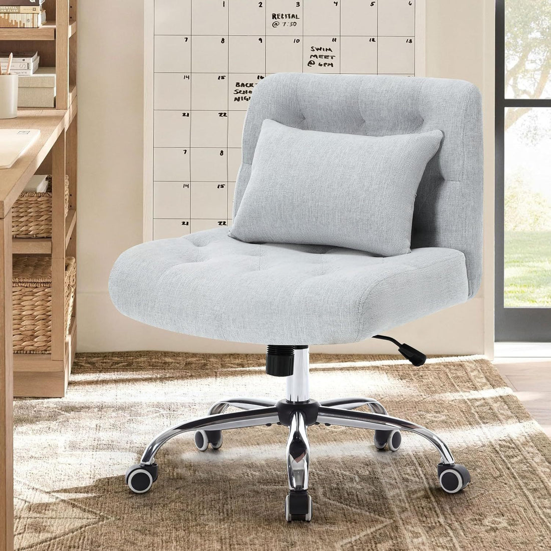 Armless Fabric Office Desk Chair With Wheels, Criss Cross Legged Wide Seat Chair, Modern Home Office Chair With Lumbar Pillow, Comfy Computer Task Chair For Small Space, Vanity Chair For Women, Girls Light Grey Memory Foam Cotton Textile