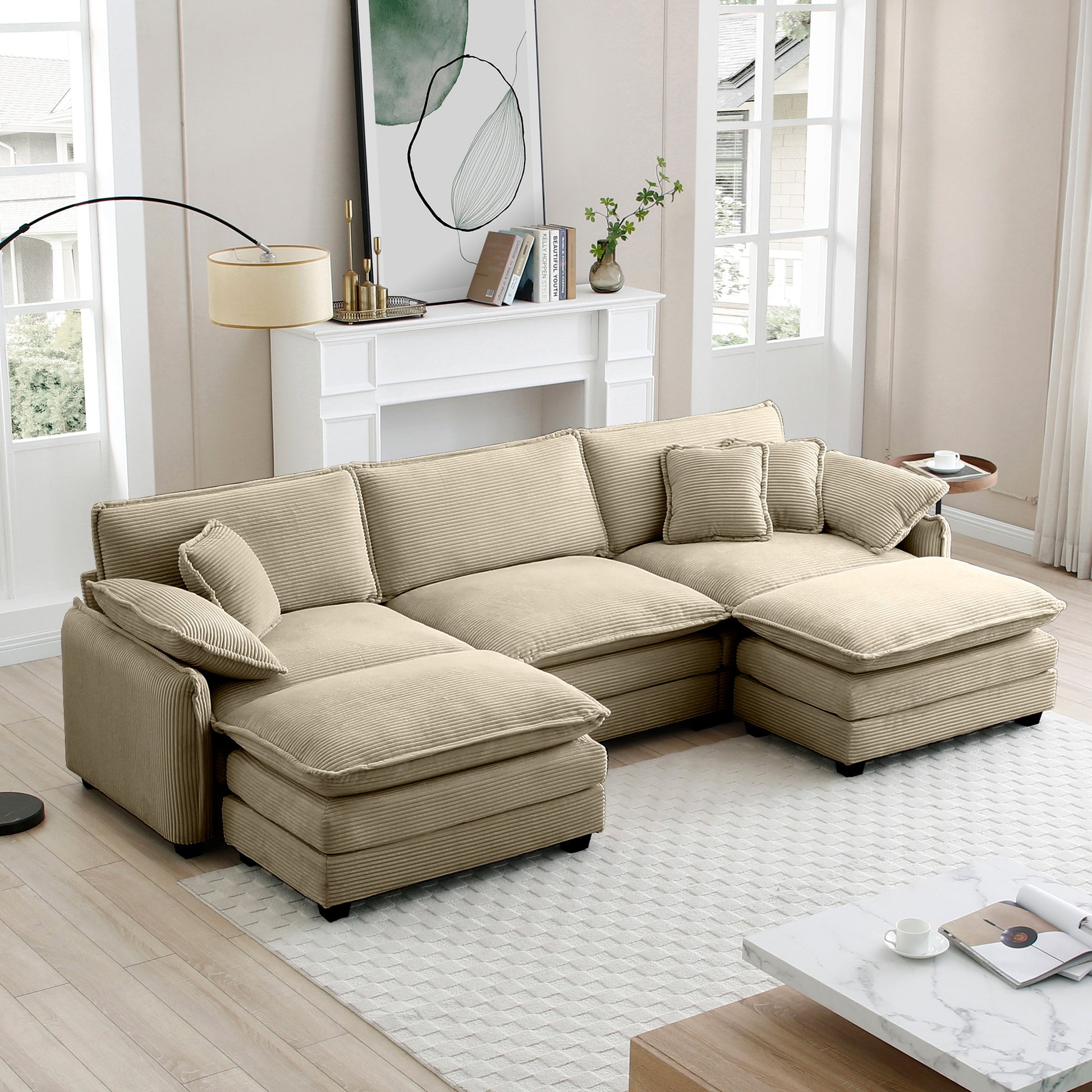Oversized Modular Cushioned Sofa With Conversible Ottoman, 3 Seater Sofa With 2 Footstools, U Shape Sofa In Camel Corduroy Fabric Camel Corduroy 3 Seat