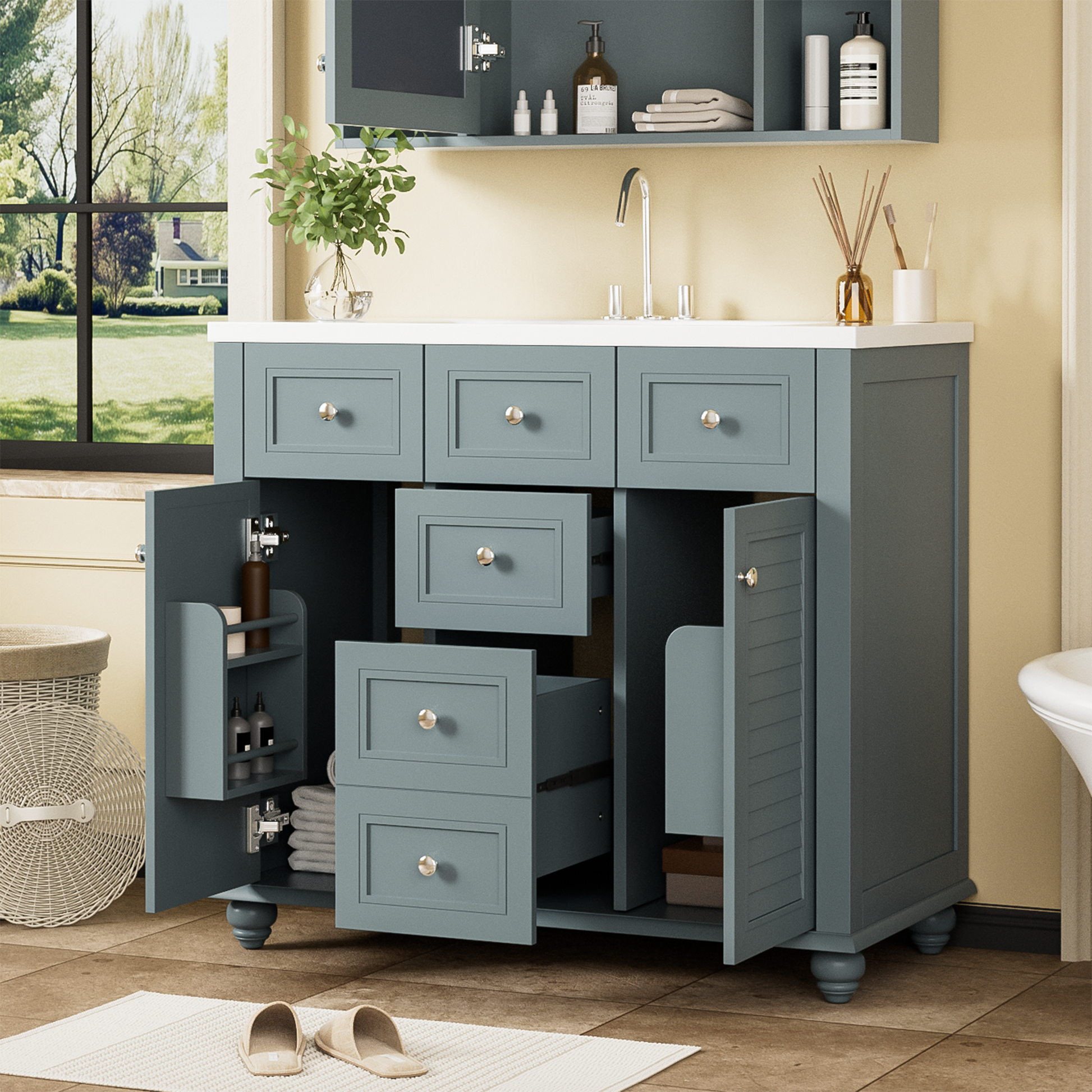 36" Bathroom Vanity Cabinet With Sink Combo Set, Undermount Resin Sink, Free Standing Vanity Set With 2 Drawers& Soft Closing Doors, Solid Wood Frame Bathroom Cabinet, Blue 2 Blue 2 Bathroom Freestanding French Country Solid Wood Mdf Resin Painted