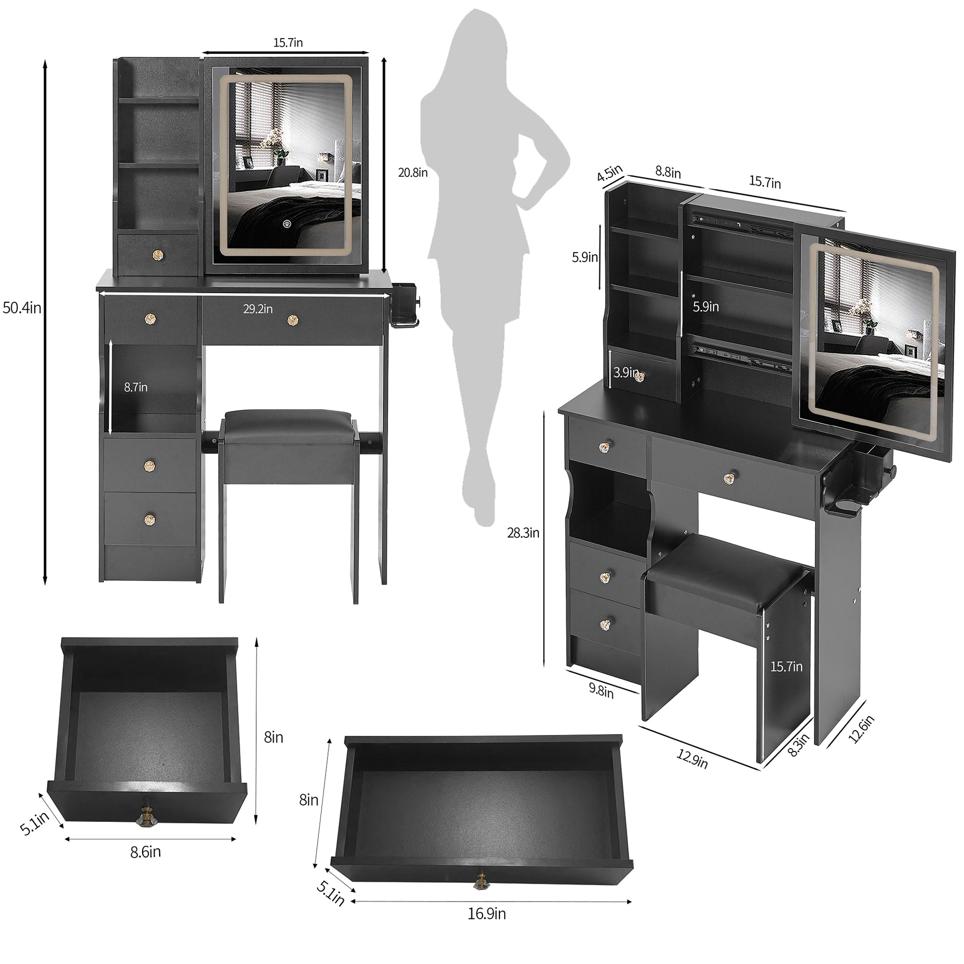 Small Size Left Drawer Desktop Vanity Table Cushioned Stool, 2 Ac 2 Usb Power Station, Hair Dryer Bracket, Extra Large Touch Control Sliding Led Mirror, Tri Color Switching, Epa,Gcc,Ul Certificate