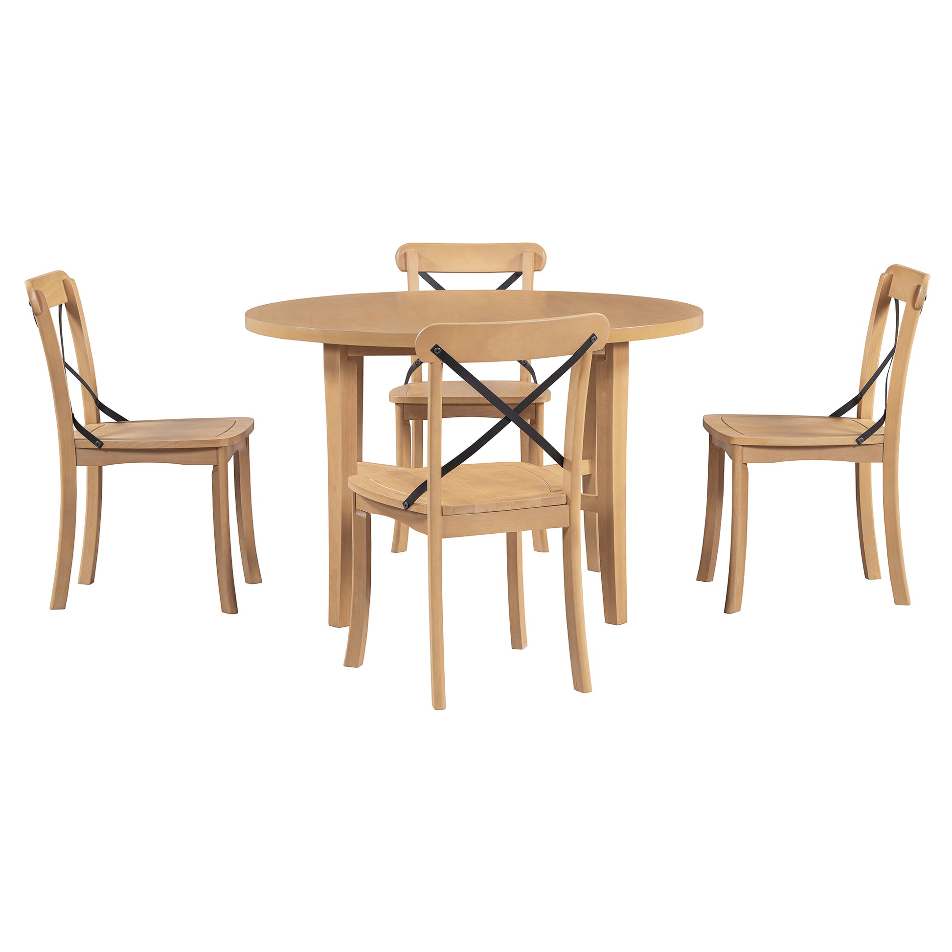 5 Piece Dining Set, Retro Simple Round Table And 4 Chairs With X Shaped Backrest For Kitchen, Dining Room And Living Room Natural Natural Rubber Wood