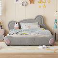 Queen Size Velvet Platform Bed With Bear Shaped Headboard, With Bed End Storage Pocket, Gray Queen Gray Plywood