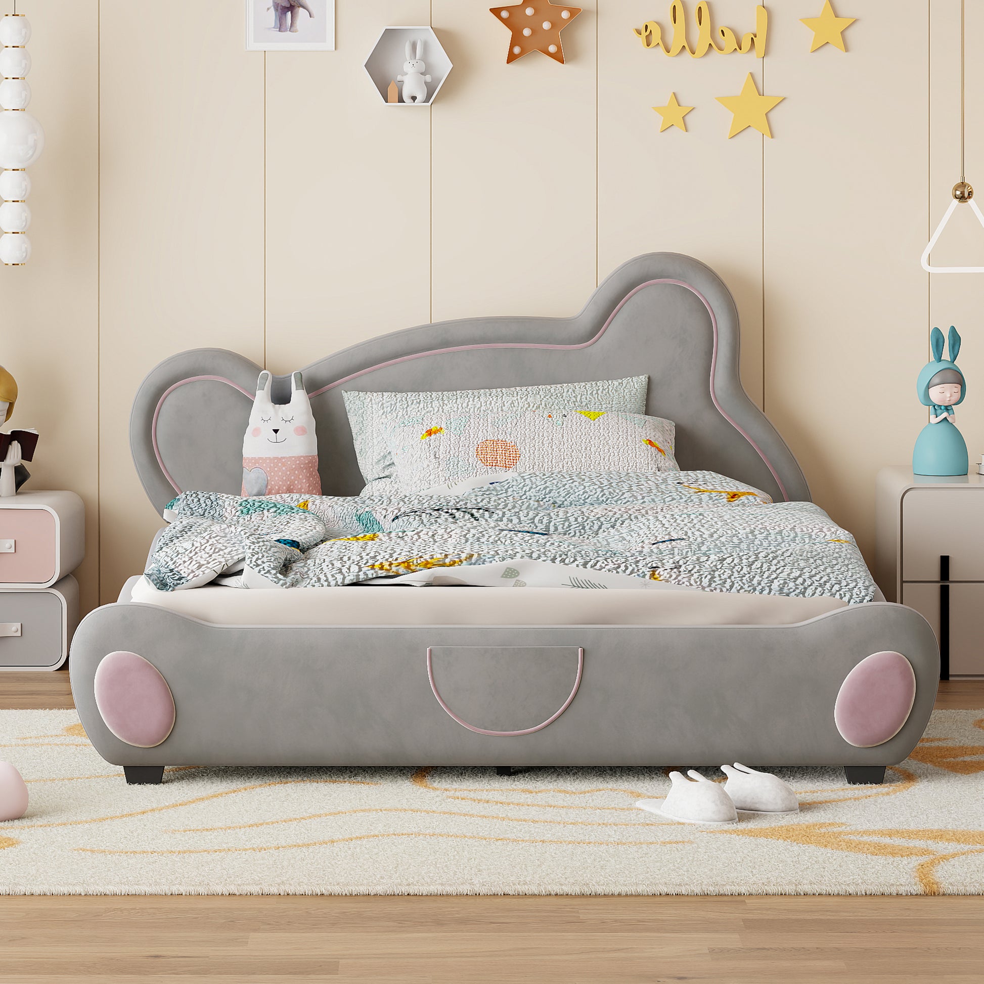 Queen Size Velvet Platform Bed With Bear Shaped Headboard, With Bed End Storage Pocket, Gray Queen Gray Plywood