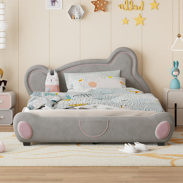 Queen Size Velvet Platform Bed With Bear Shaped Headboard, With Bed End Storage Pocket, Gray Queen Gray Plywood