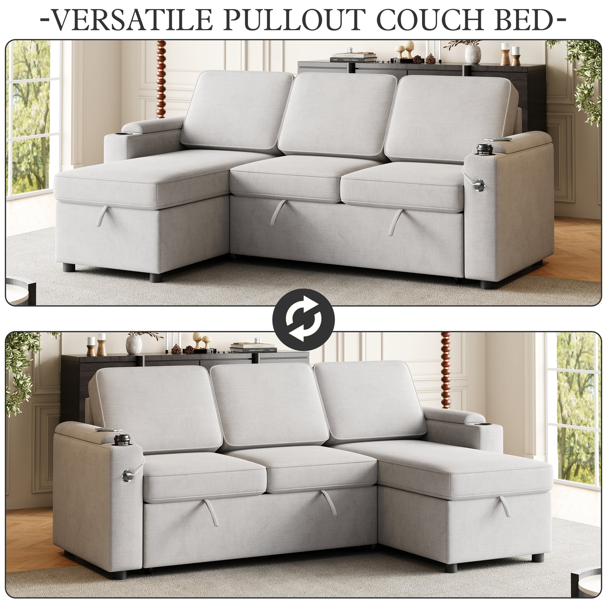 Mh85.8" Sleeper Sofa, Sofa Bed 2 In 1 Pull Out Sofa Bed With Storage Sofa, Sofa Sleeper With Pull Out Bed With Charging Port Light Grey Polyester Primary Living Space Eucalyptus Polyester Fabric 3