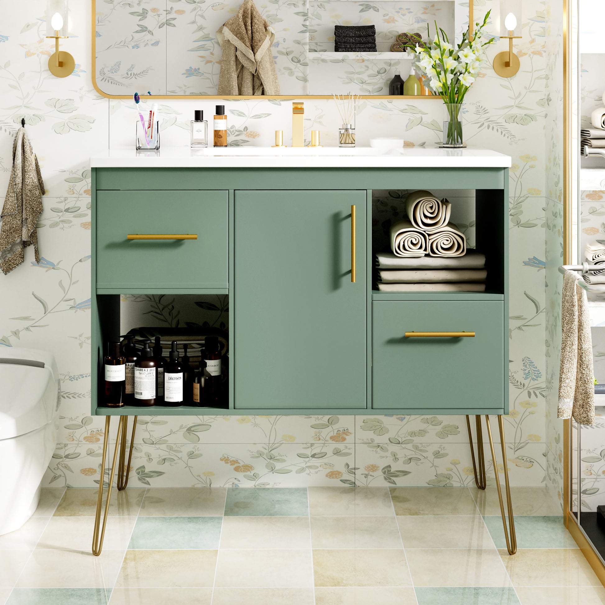36'' Bathroom Vanity With Resin Sink Combo Set, Modern Freestanding Single Bathroom Cabinet With 2 Drawers & 2 Storage Compartments, Storage Cabinet For Bathroom, Solid Wood Frame Vanity Set, Green Green Bathroom Modern Mdf