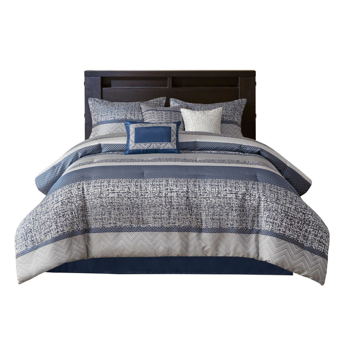 7 Piece Jacquard Comforter Set Navy Queen Queen Navy Polyester
