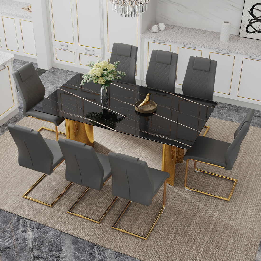 Table And Chair Set.The Table Has A Glass Tabletop With Imitation Marble Pattern Stickers And Stainless Steel Golden Table Legs. Paried With Comfortable Chairs With Pu Seats And Metal Legs. Gold Black Seats 8 Glass Metal