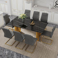 Table And Chair Set.The Table Has A Glass Tabletop With Imitation Marble Pattern Stickers And Stainless Steel Golden Table Legs. Paried With Comfortable Chairs With Pu Seats And Metal Legs. Gold Black Seats 8 Glass Metal