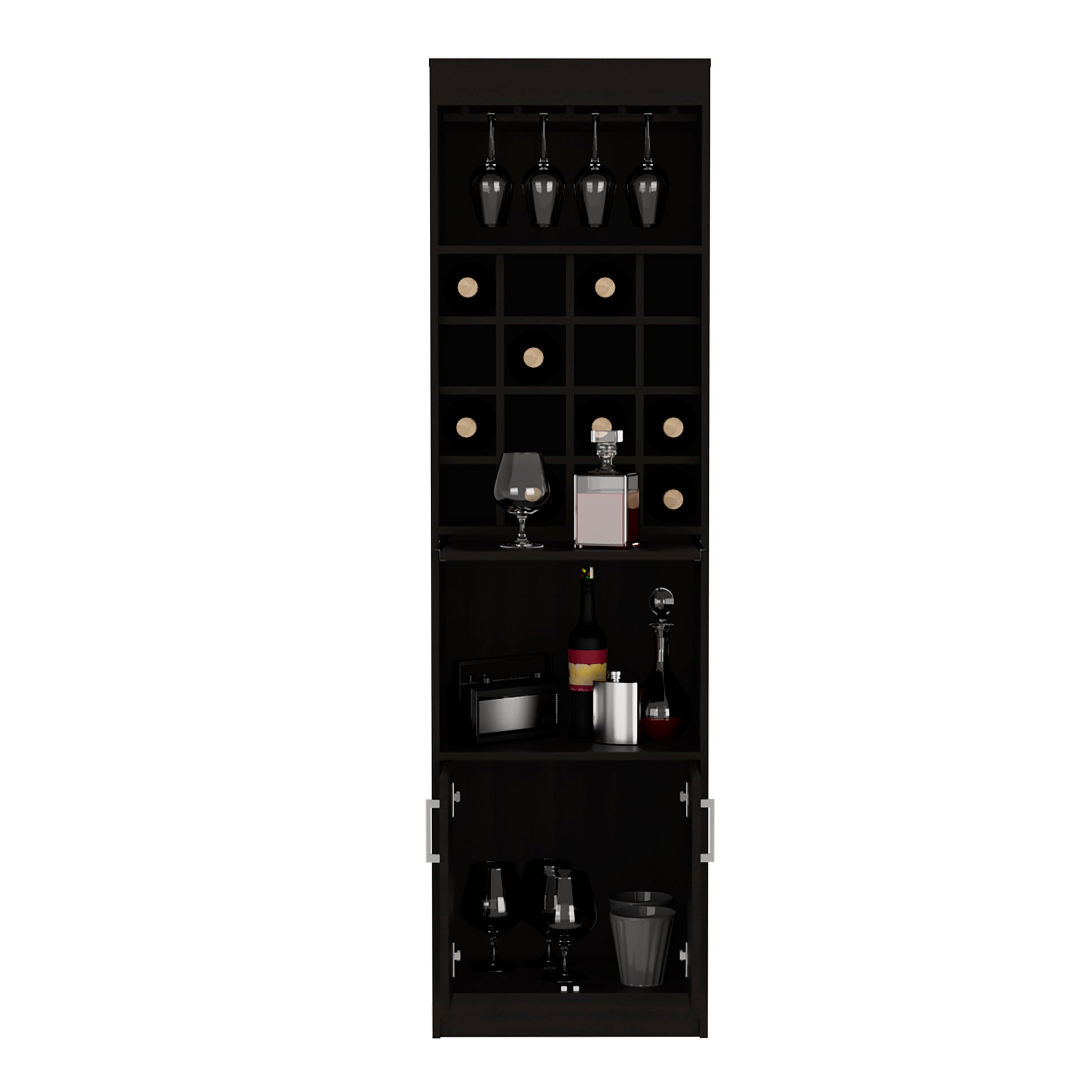 Kava Bar Cabinet, Concealable Serving Tray, Sixteen Built In Wine Rack, One Shelf, Double Door Black Black Particle Board