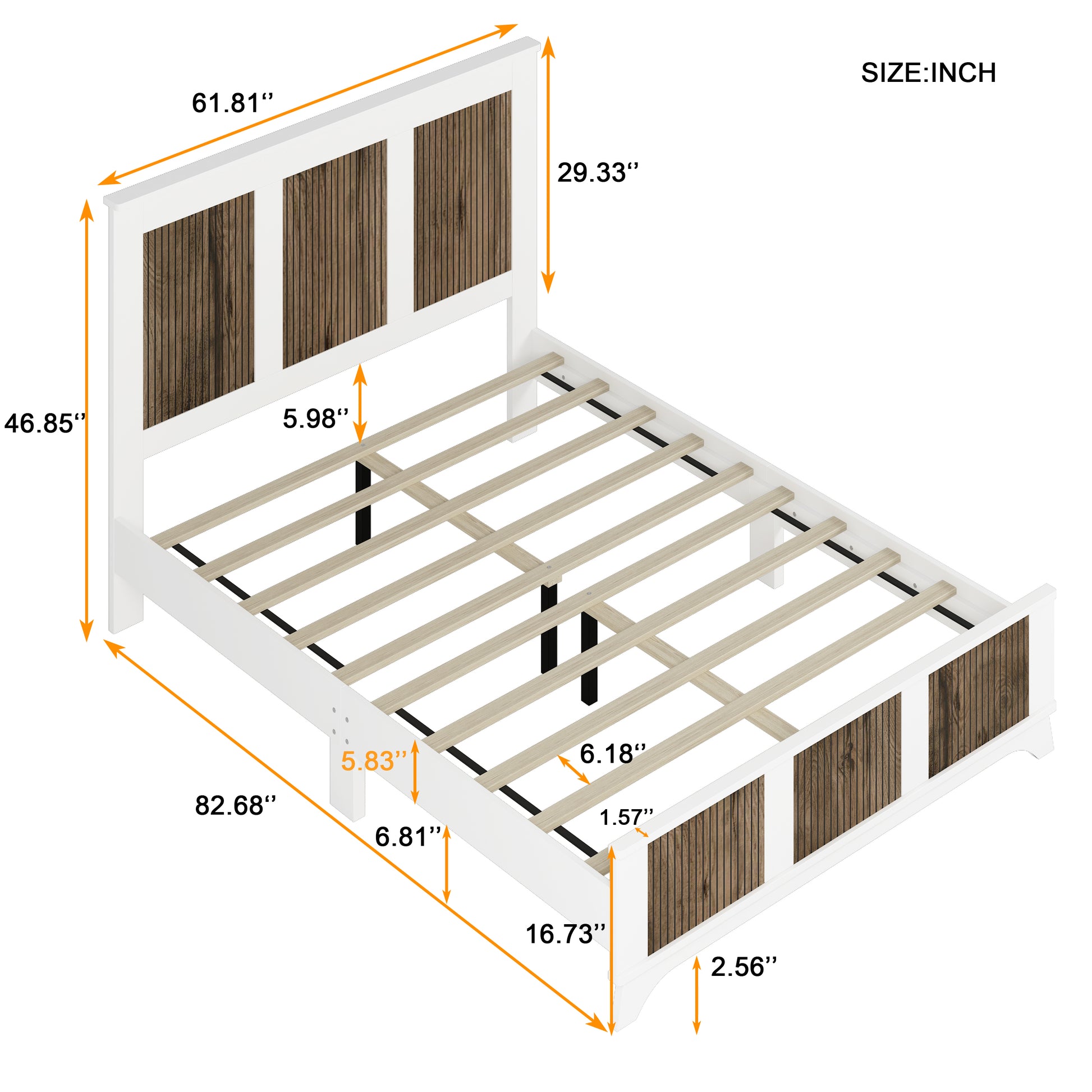 Farmhouse Wooden Platform Queen Size Bed, Modern Platform Bed With Wooden Strip Decoration, Plywood Slats Support, White Queen White Particle Board