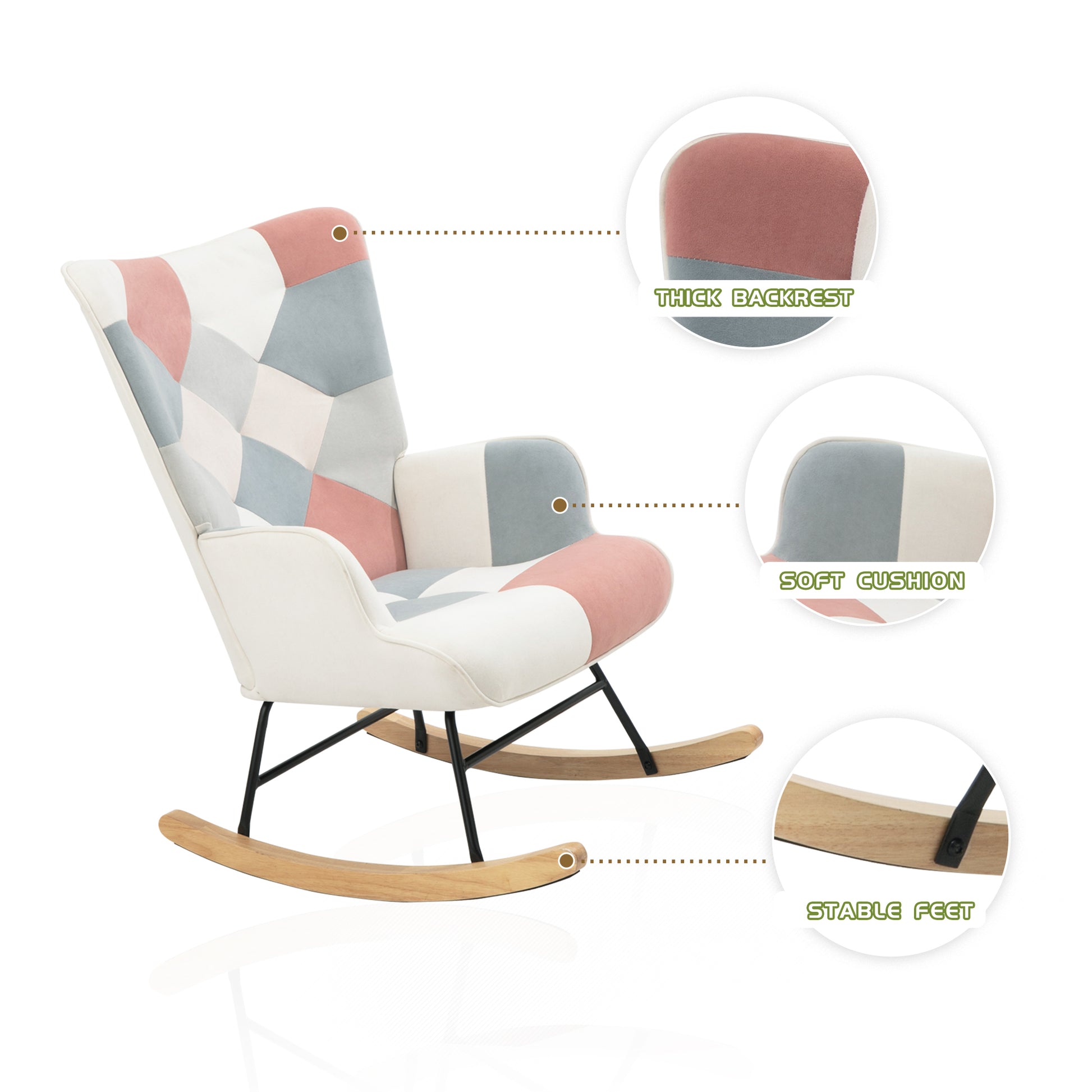 Rocking Chair With Ottoman, Mid Century Fabric Rocker Chair With Wood Legs And Patchwork Linen For Livingroom Bedroom Colorful Textile