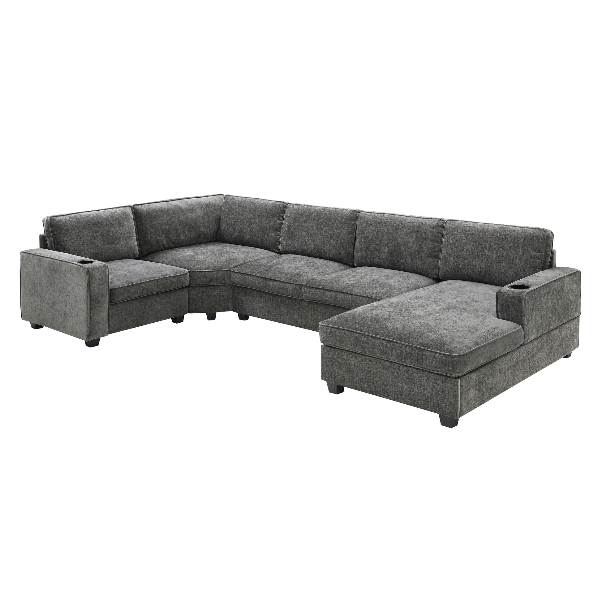 119*67" U Shaped Sectional Sofa,6 Seat Chenille Couch Set With Oversized Chaise Lounge,Irregular Corner,Deep Seat Comfy Sofa With Cup Holders For Living Room,Apartment,2 Colors Dark Gray Chenille 6