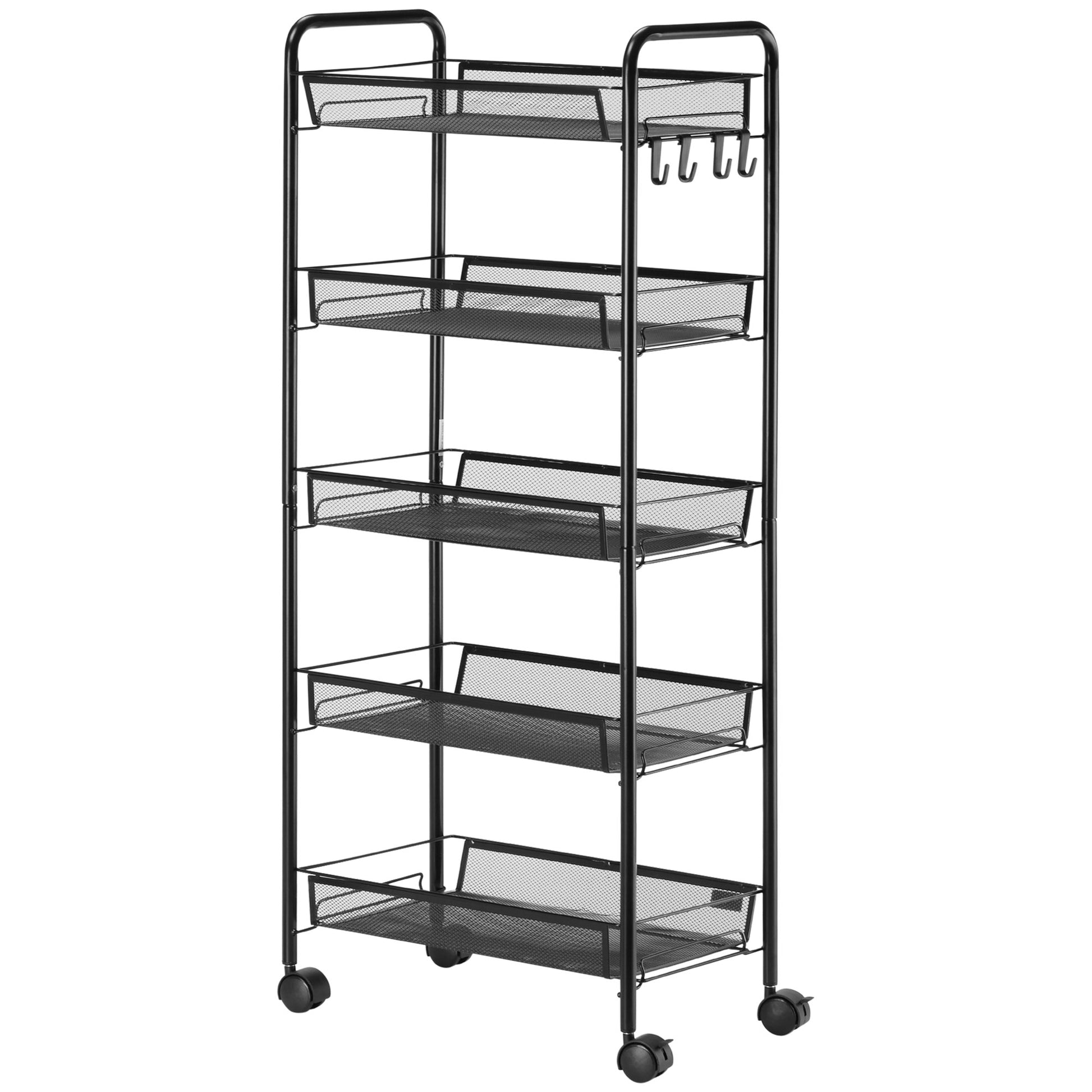 Homcom 5 Tier Utility Rolling Cart, Metal Storage Cart, Kitchen Cart With Removable Mesh Baskets, For Living Room, Laundry, Garage And Bathroom, Black Black Plastic