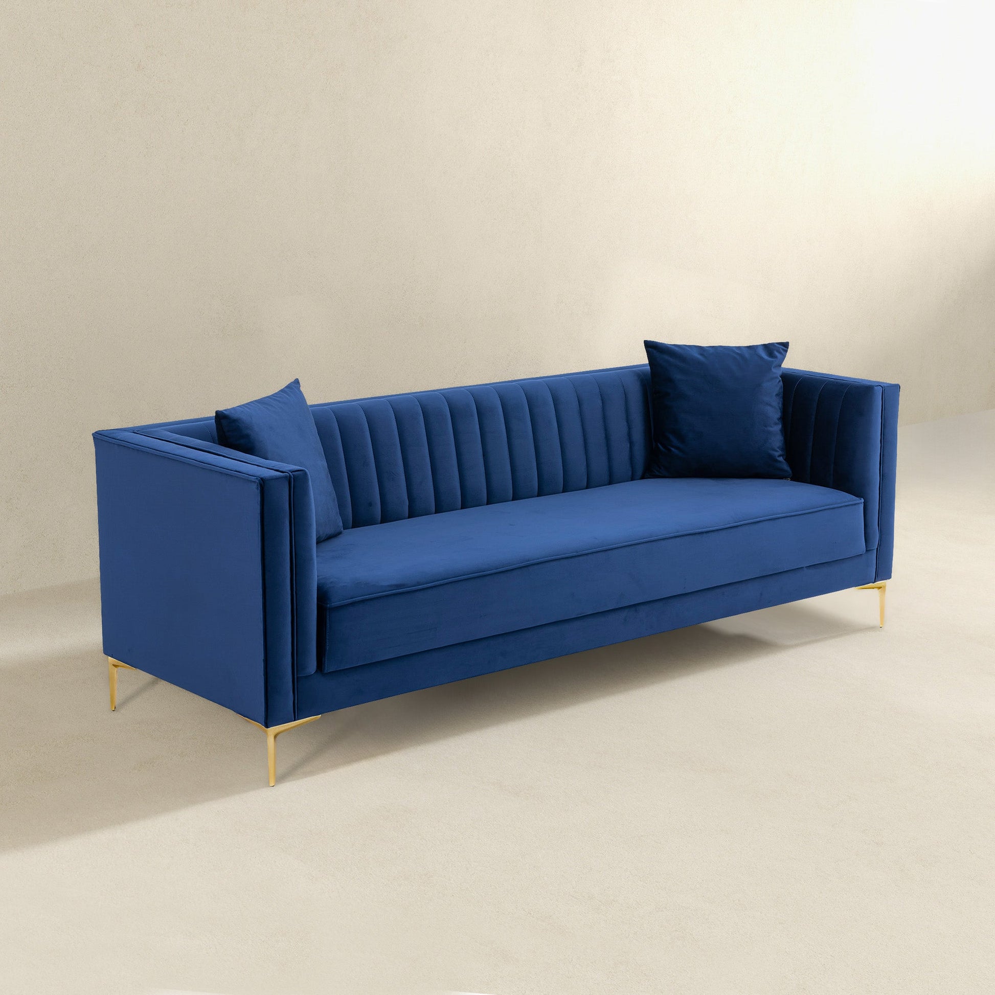 Angelina Sofa 91" Dark Blue Velvet Dark Blue,Gold Velvet Metal Metal,Velvet 4 Seat