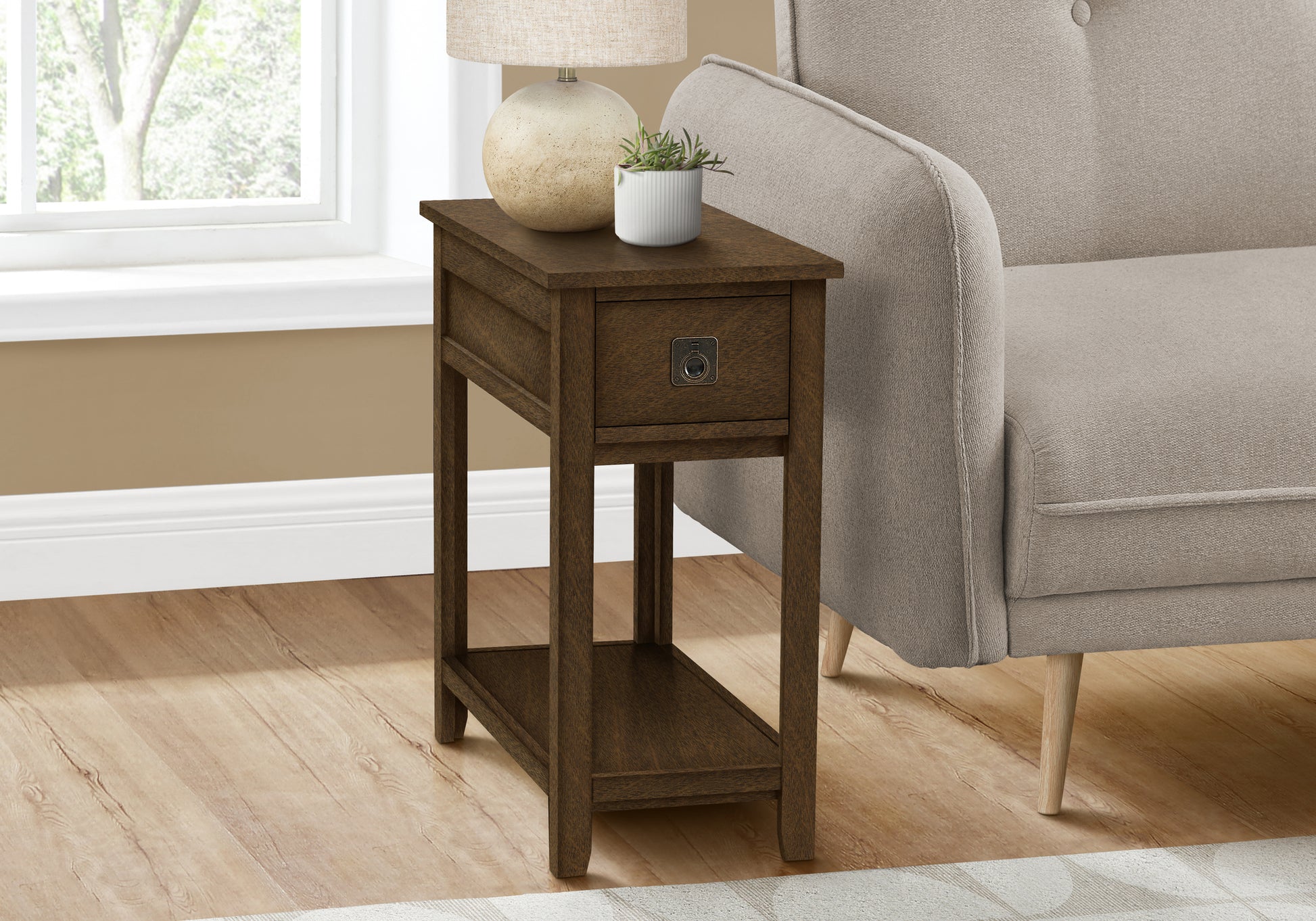 Accent Table, End, Side Table, Nightstand, Bedroom, Narrow, Storage Drawer, Brown Veneer, Transitional Espresso Mdf