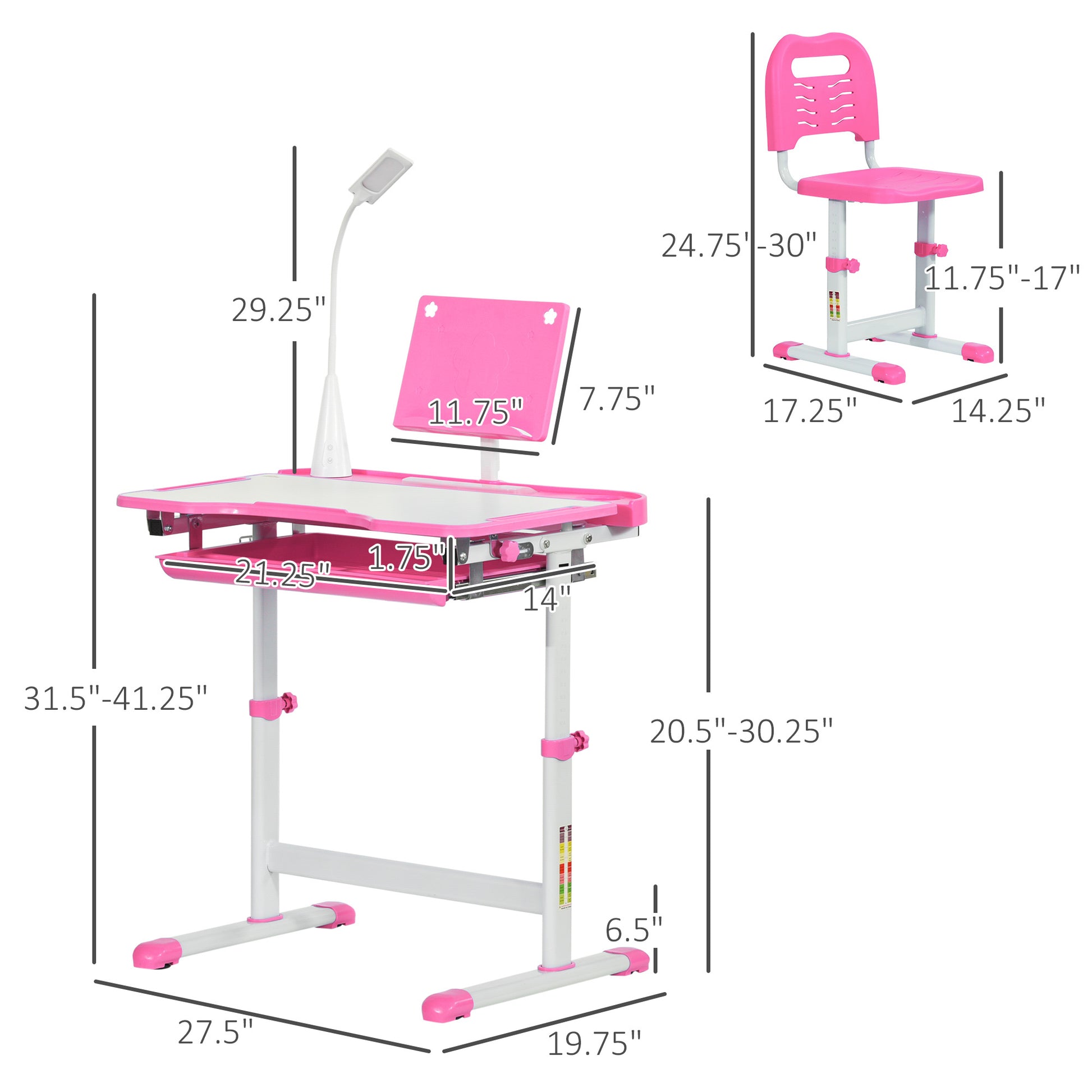 Qaba Kids Table And Chair Set, Activity Desk With Usb Light, Storage Drawer For Study, Activities, Arts, Or Crafts, Pink And White Pink Plastic