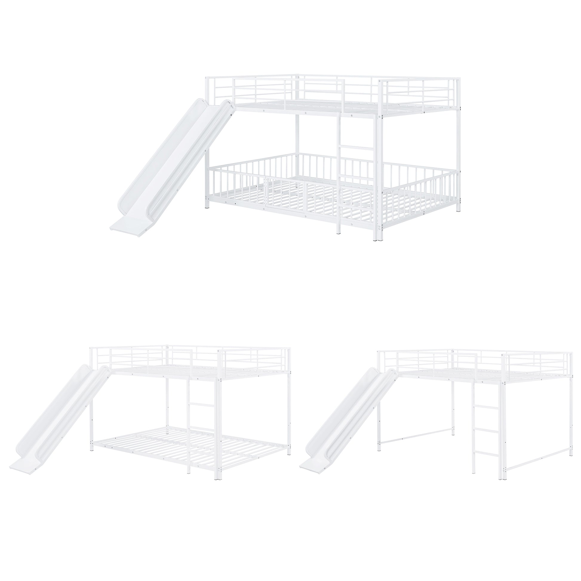 Full Over Full Size Metal Bunk Bed With Slide And Guardrails, White Full White Metal