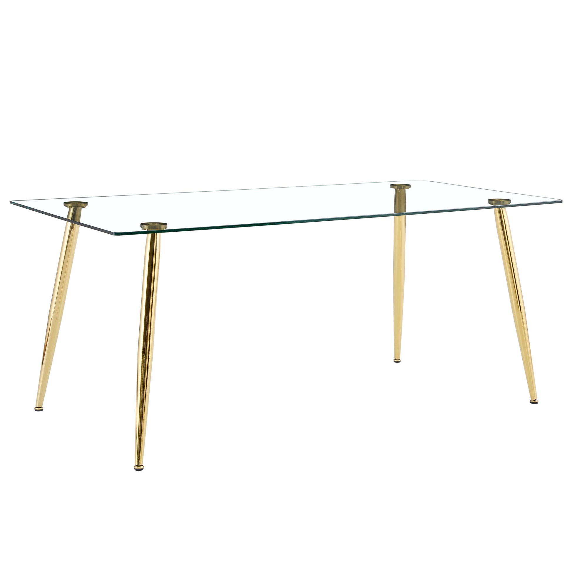 Table And Chair Set.Modern Rectangular Glass Dining Table With A Tempered Glass Tabletop And Metal Legs, Paired With Multiple Chairs Designed With Pu Cushions And Golden Metal Legs. Black Gold Seats 6 Tempered Glass