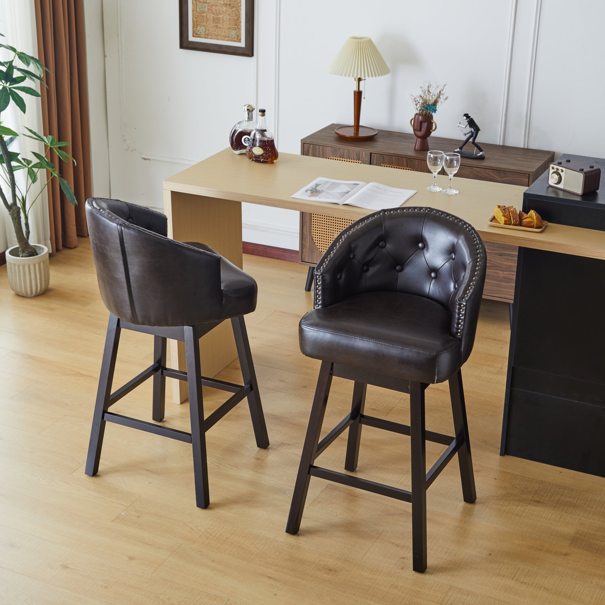 33.25" Swivel Counter Stools Set Of 2, Upholstered Counter Height Bar Stools With Solid Rubber Wood Frame, Backrest, Footrest, Armless Barstools For Home Bar, Kitchen Counter, Dark Brown Rubberwood