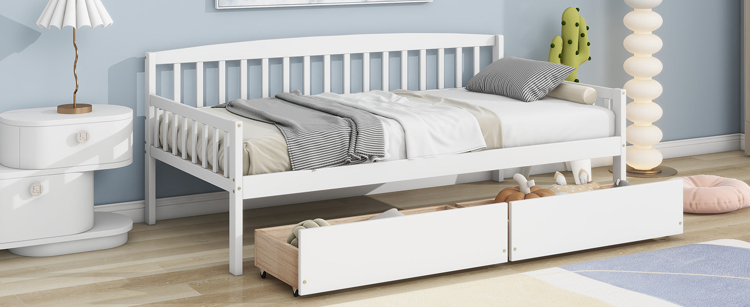 Twin Size Pine Wood Daybed With Two Storage Drawers, Sofa Bed With Bed Platform Of 10 Support Slats,White Twin White Pine