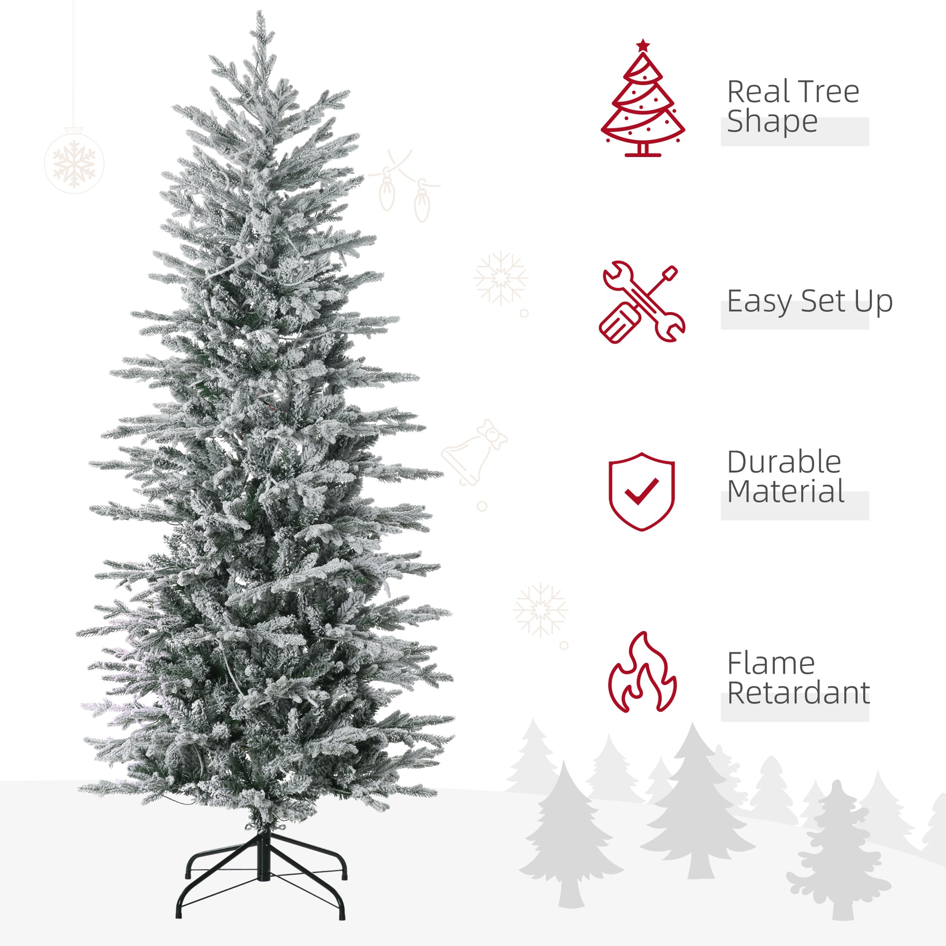 Homcom 6Ft Tall Prelit Artificial Christmas Tree Holiday D Cor With 636 Snow Flocked Branches, 250 Warm Yellow Clear Lights, Auto Open, Extra Bulb Green Plastic