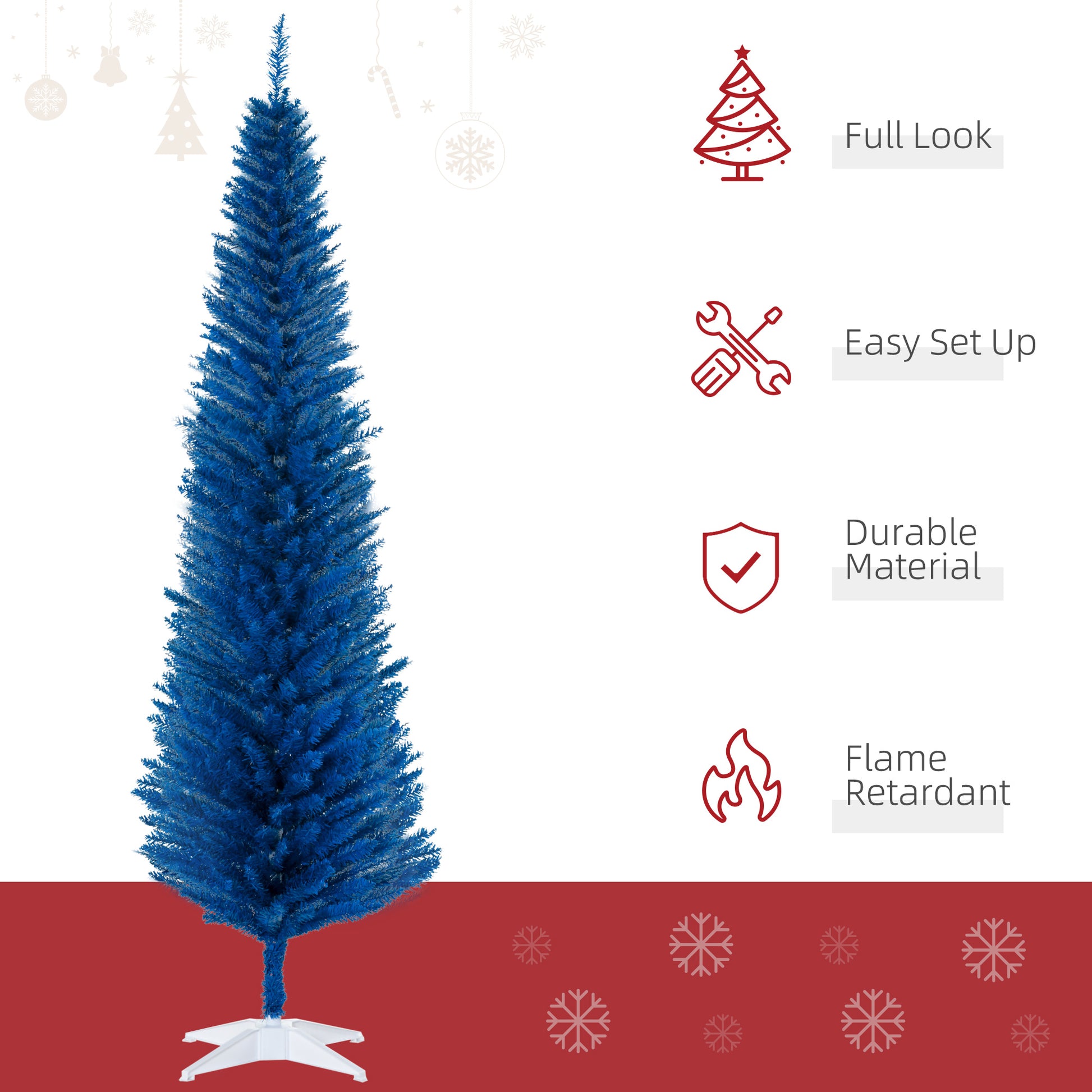 Homcom 7' Artificial Pencil Christmas Tree, Slim Xmas Tree With 499 Realistic Branch Tips And Plastic Stand, Blue Blue Plastic