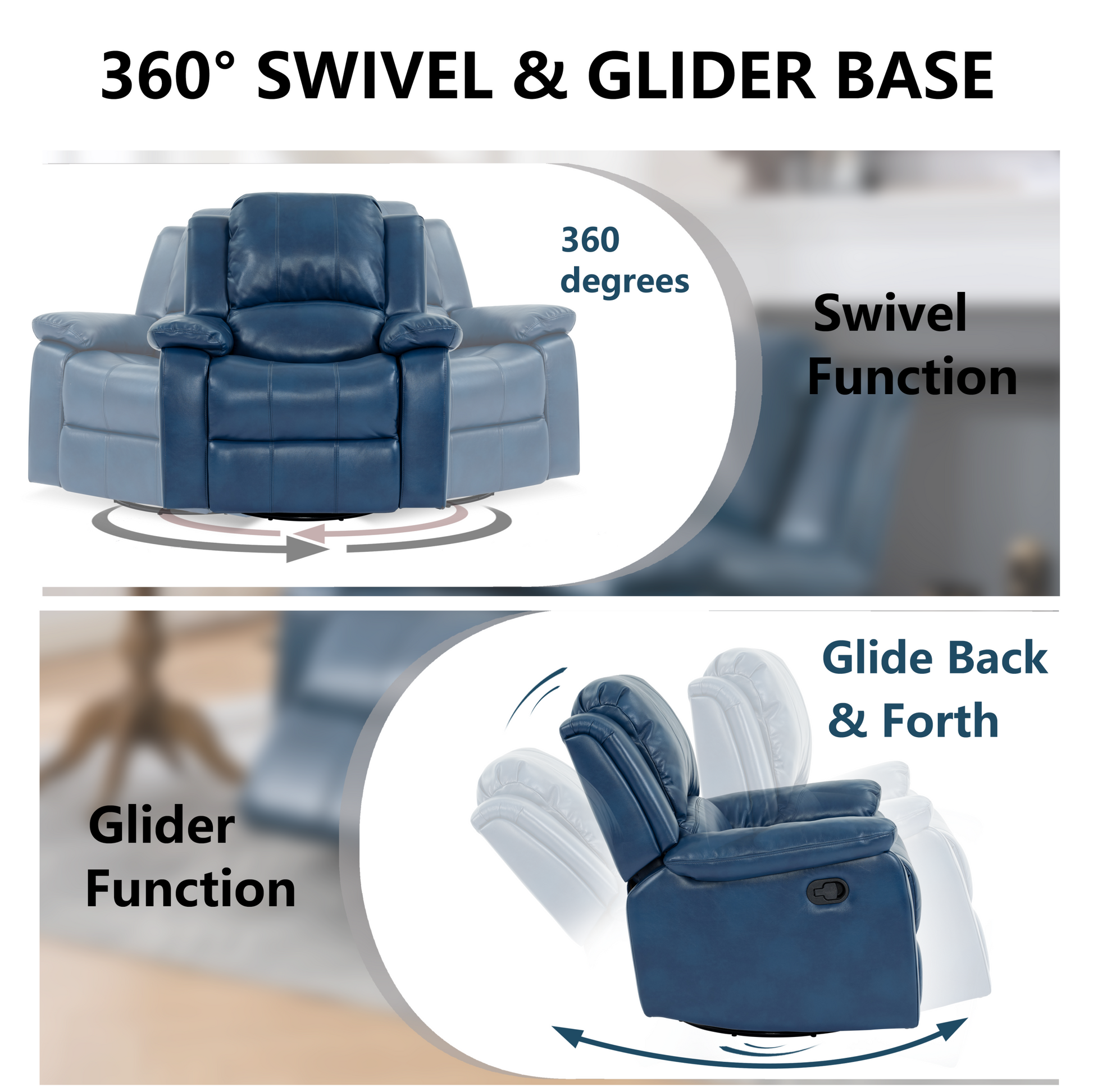 Swivel And Glider Recliner Chair, Navy Blue Blue Faux Leather Manual Push Button Wood Primary Living Space Soft American Traditional Metal & Wood