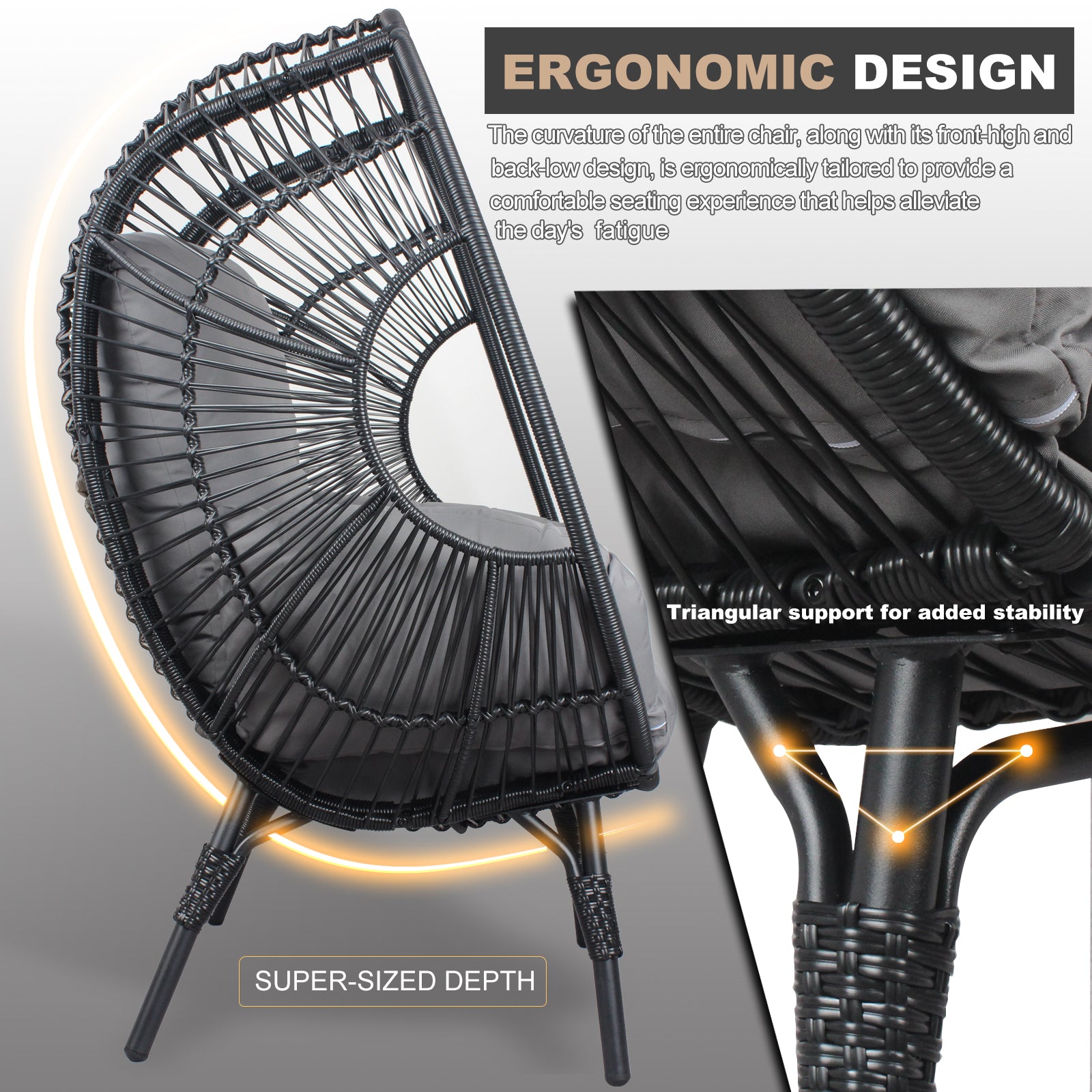 Patio Pe Wicker Egg Chair Model 2 With Black Color Rattan Grey Cushion Yes Black Foam Steel