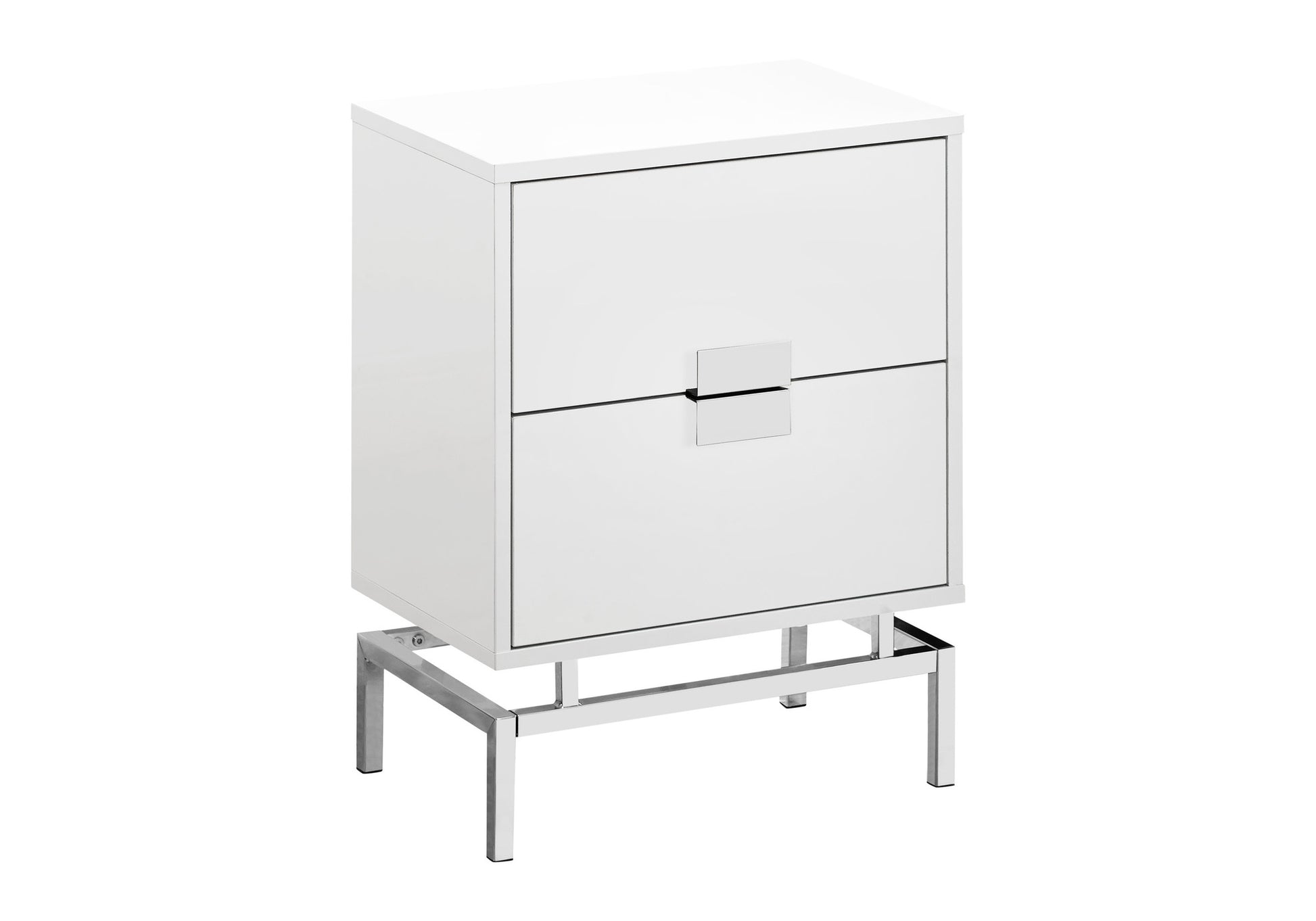 Accent Table, Side, End, Nightstand, Lamp, Storage Drawer, Living Room, Bedroom, Glossy White Laminate, Chrome Metal, Contemporary, Modern White Mdf