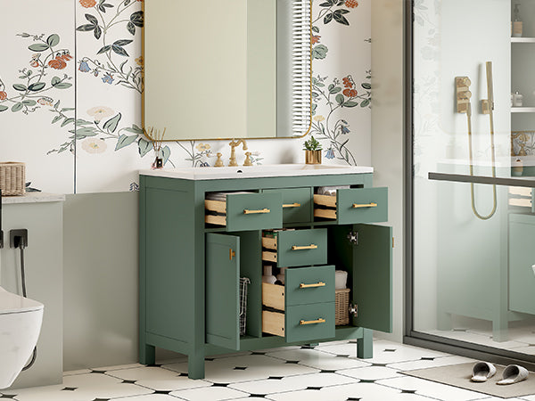 36'' Bathroon Vanity With Resin Sink Combo Set,Modern Freestanding Single Bathroom Cabinet With 4 Drawers & 2 Cabinets,Storage Cabinet For Bathroom, Solid Wood Frame Vanity Set, Green 4 Green 2 2 Adjustable Hinges Bathroom Freestanding Solid Wood Mdf