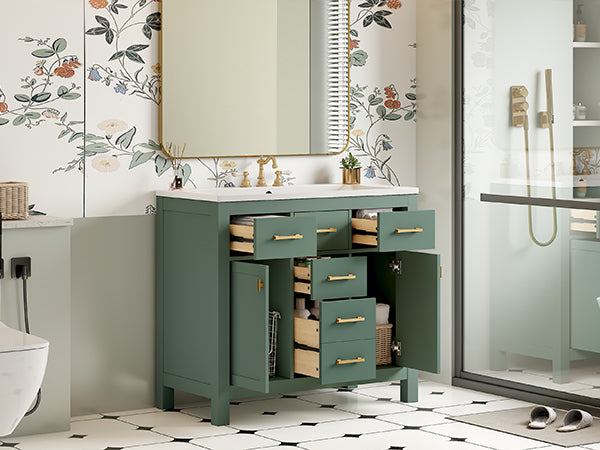 36'' Bathroon Vanity With Resin Sink Combo Set, Modern Freestanding Single Bathroom Cabinet With 4 Drawers & 2 Cabinets,Storage Cabinet For Bathroom, Solid Wood Frame Vanity Set Same As Sw000130Aaf
