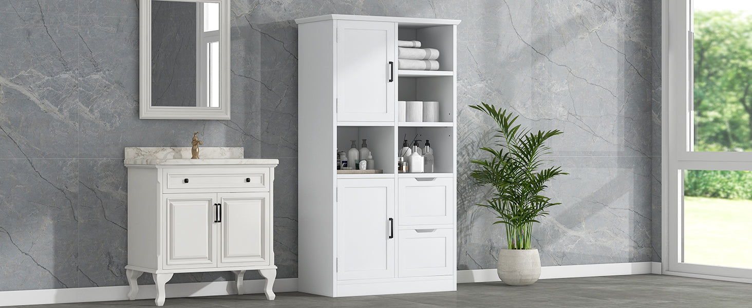 Bathroom Storage Cabinet With Doors And Drawers, Multiple Storage Space, Freestanding Style, Open Shelve, Adjustable Shelf, White White Mdf