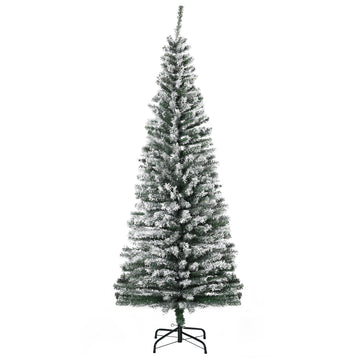 Homcom 6' Tall Unlit Snow Flocked Slim Artificial Christmas Tree With Realistic Branches And 492 Tips Green Plastic