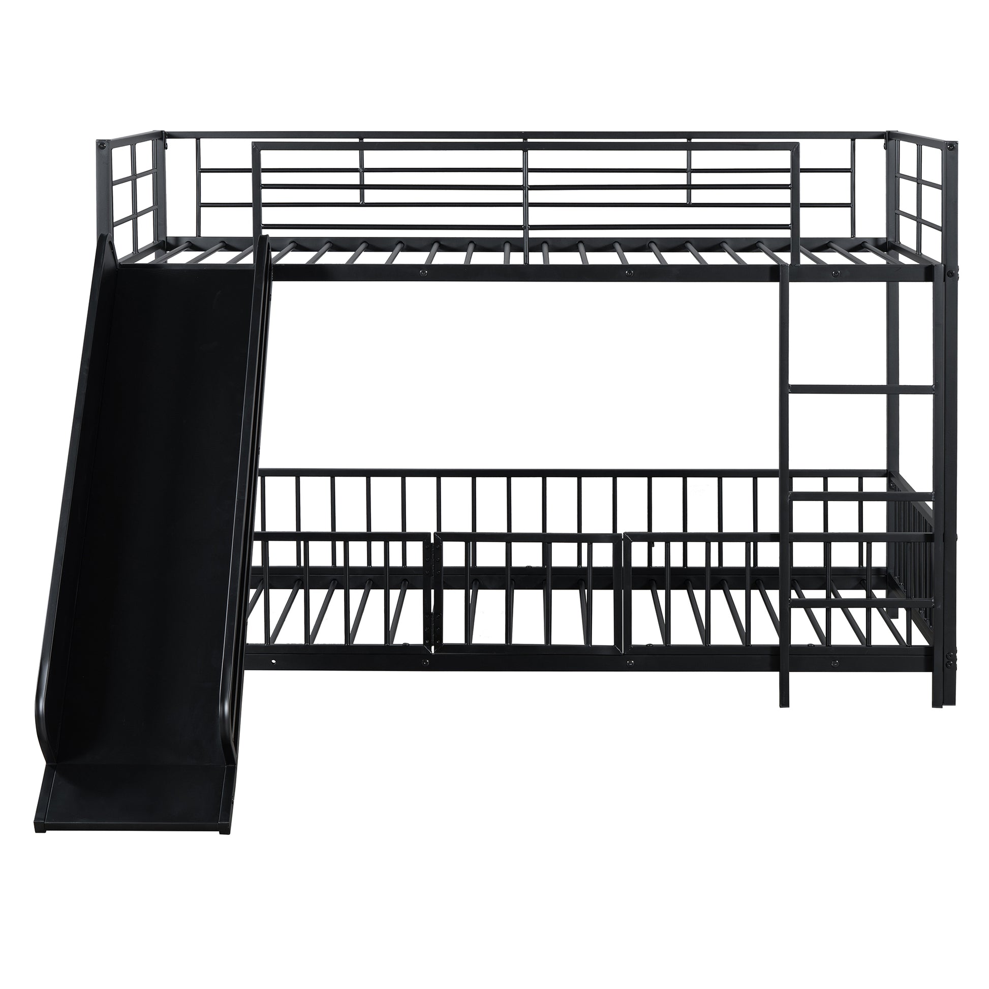 Twin Over Twin Size Metal Bunk Bed With Slide And Guardrails, Black Twin Black Metal