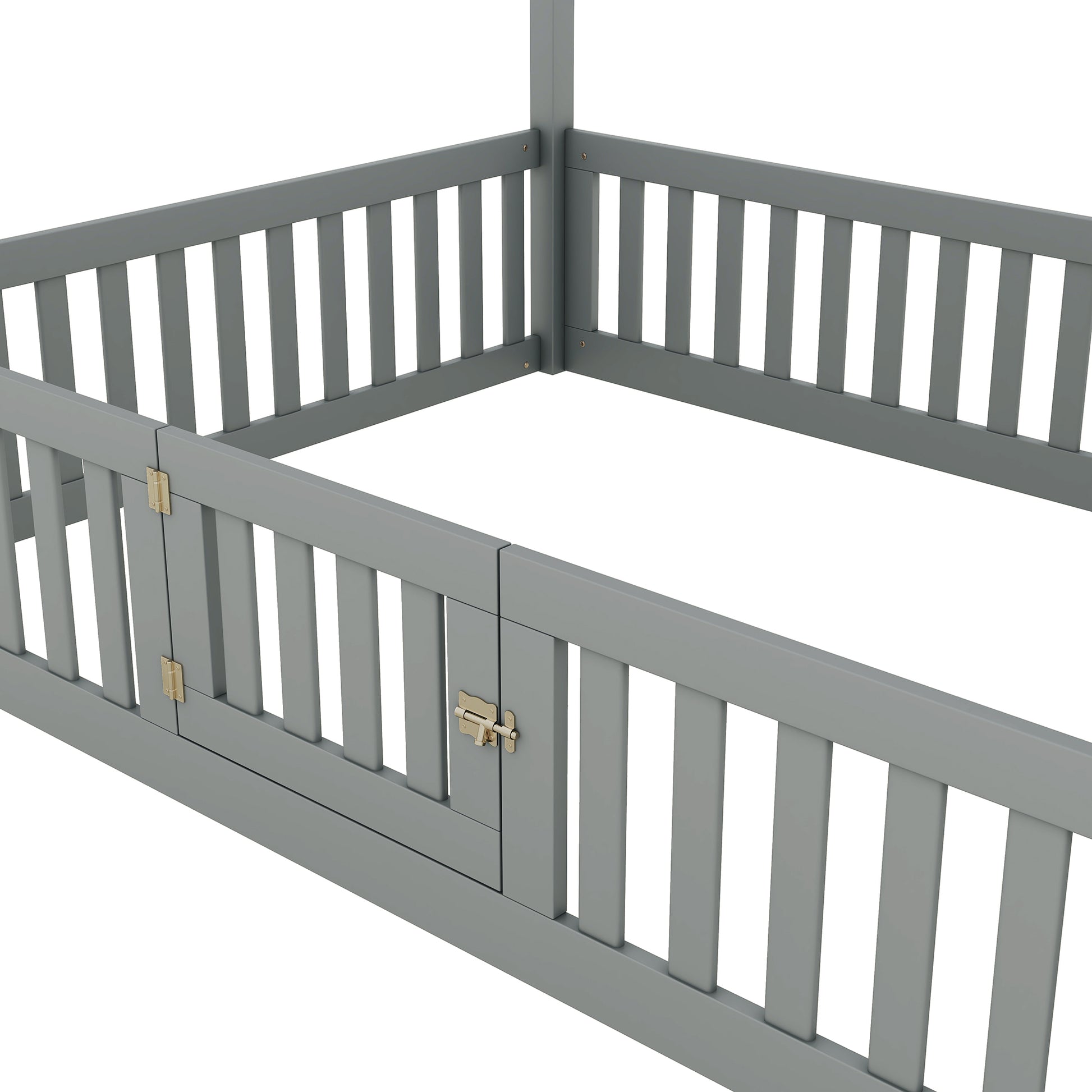 Full Size Wood House Bed With Fence And Door, Gray Box Spring Not Required Full Gray Wood Bedroom Bed Frame Pine