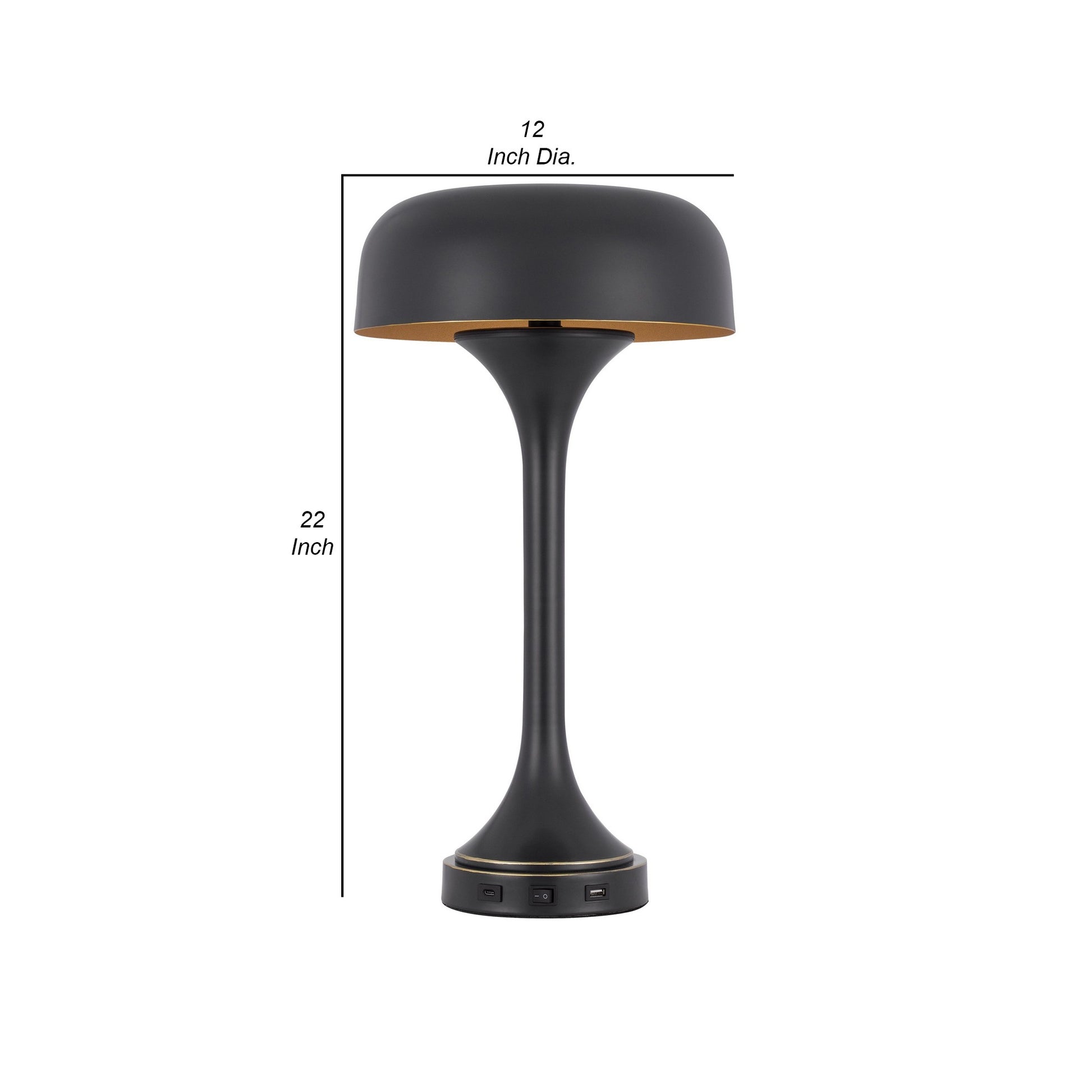 Emma 22 Inch Modern Desk Lamp, 2 Usb, 1Type C Charging Port, Dark Bronze Black Metal