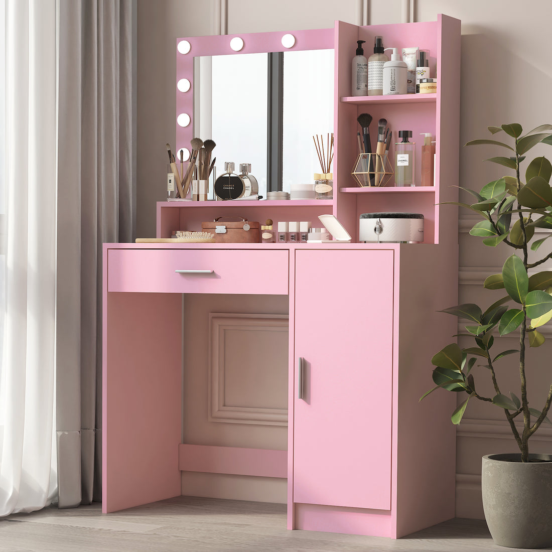 Vanity Desk With Mirror & Light, Large Drawer Three Level Storage Dresser, 3 Lighting Modes Adjustable Brightness, Bedroom Dressing Table Pink Pink Particle Board