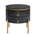 19.6'' Easy Assembly Round End Table With Storage Drawers, Fluted Nightstand With High Gloss Faux Marble Tabletop, Modern Coffee Table With Metal Legs And Handles For Living Room, Black Black Gold Primary Living Space Drawers Round Mdf Iron