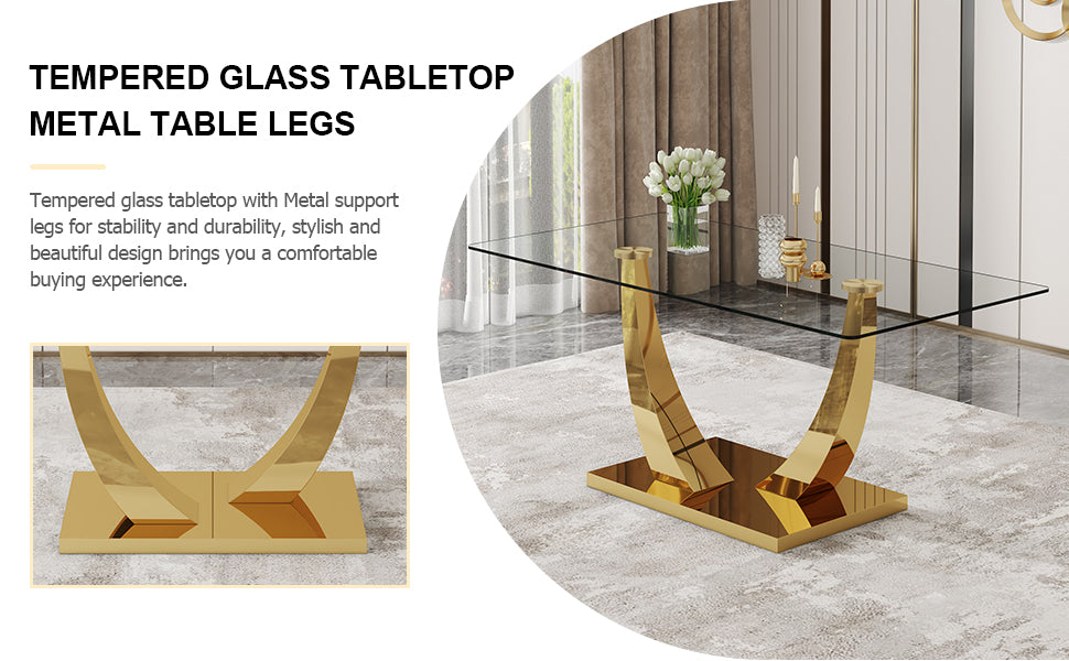 Table And Chair Set.Modern Rectangular Dining Table With Transparent Tempered Glass Tabletop And Gold Plated Metal Legs.Paried With 6 Comfortable Chairs With Pu Seats And Golden Metal Legs. Black Gold,Transparent Seats 6 Glass Metal