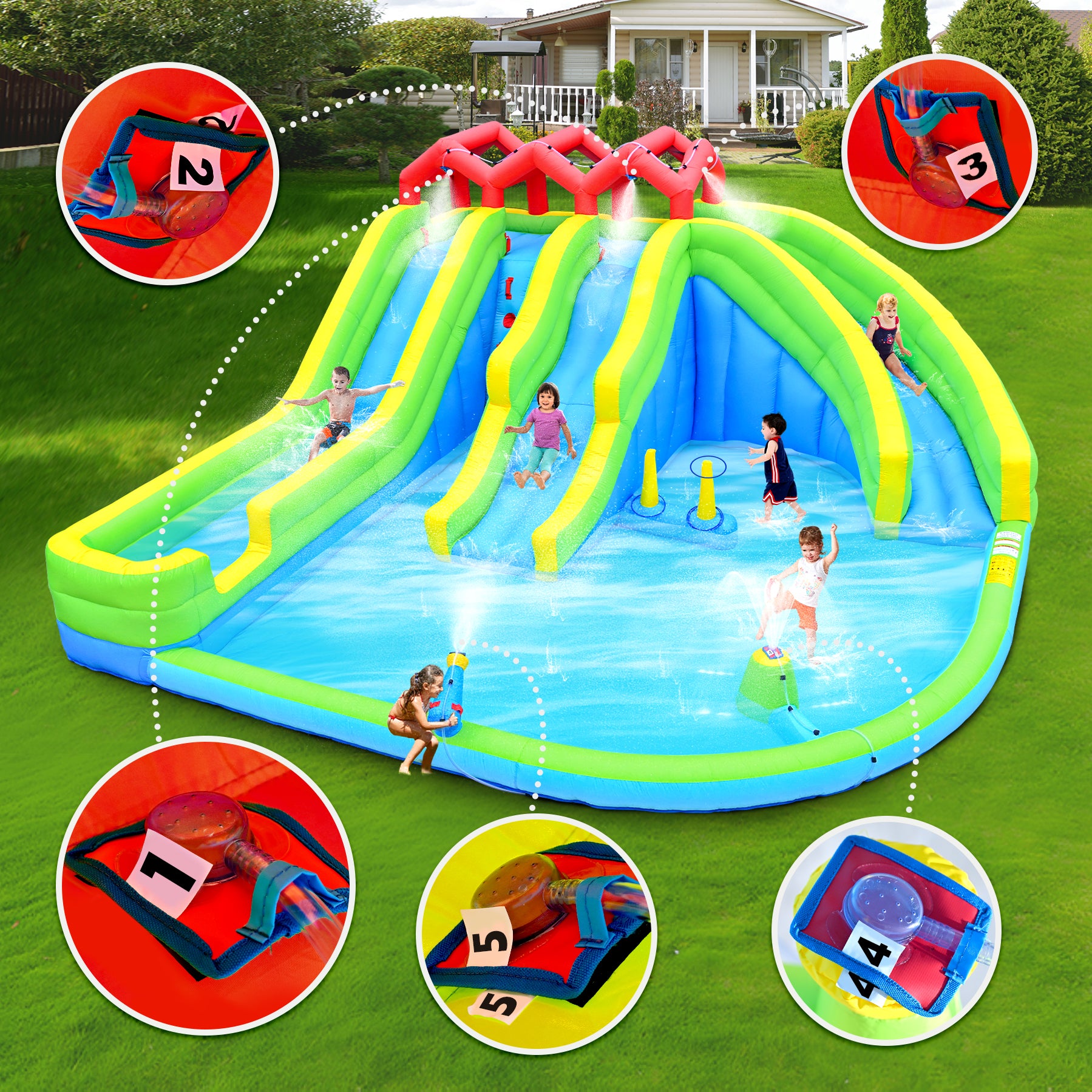7 In1 Inflatable Water Park Three Slide With Blower Water Sprinkler Fountain Climbing Wall For Children Multicolor Oxford Fabric
