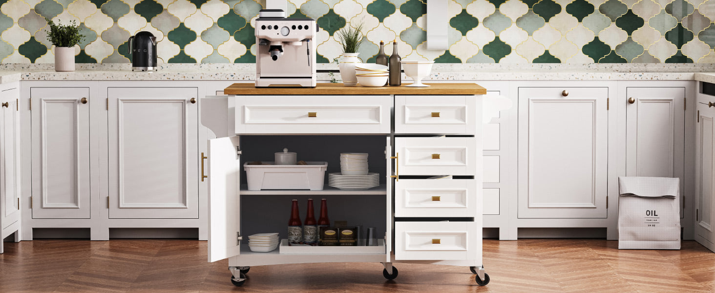 K&K 52'' Kitchen Island With Drop Leaf, Embossed Texture Kitchen Island On Wheels With Spice Rack, Towel Rack, 2 Doors And 5 Drawers, Kitchen Storage Cart With Adjustable Shelf For Kitchen, White