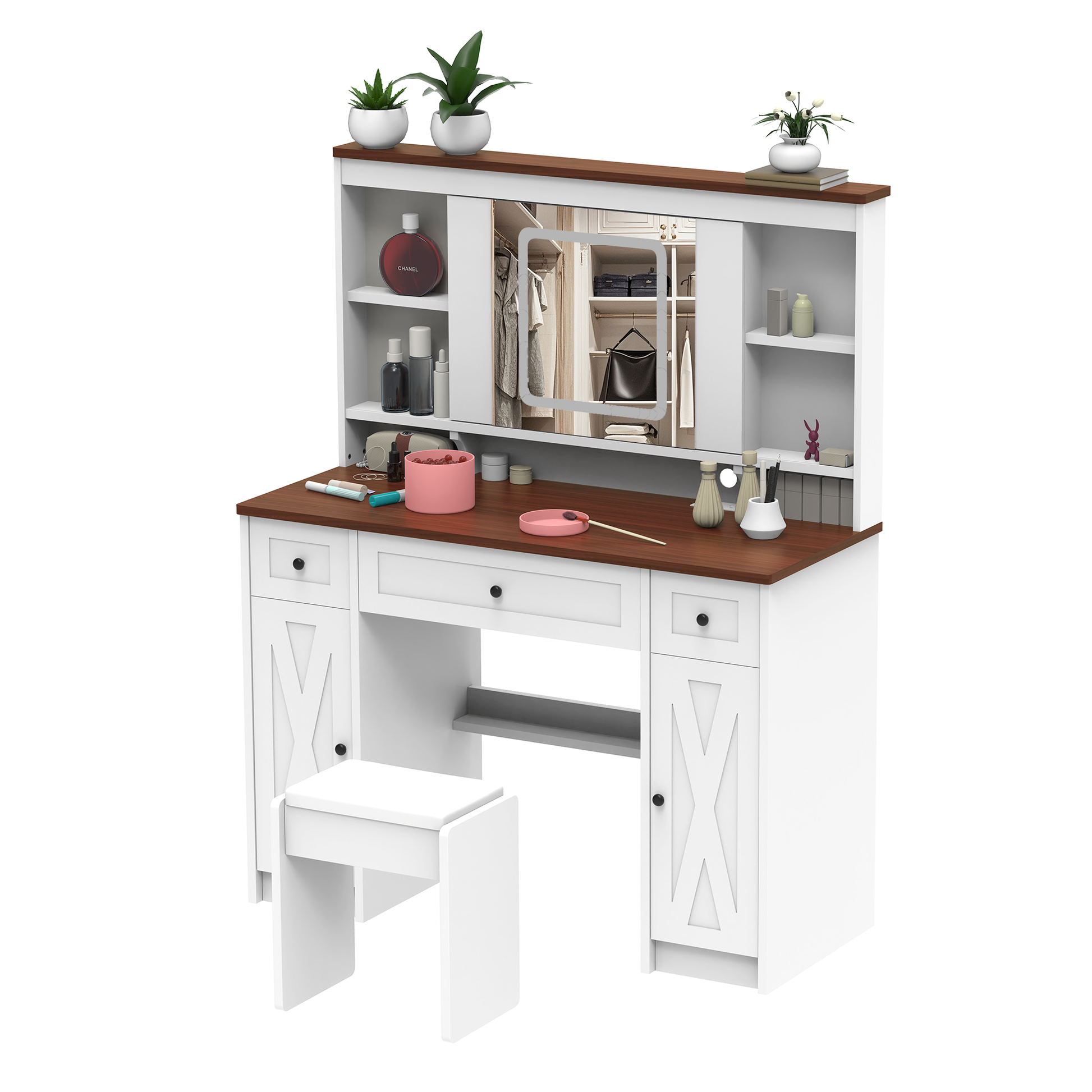 Farmhouse Vanity Desk With Sliding Mirror,Lights And Charging Station,Makeup Table Desk With Dimmable Led Light,Vanity Makeup Table With Sponge Soft Stool,White Brown Finish White Drawer 5 Drawers &