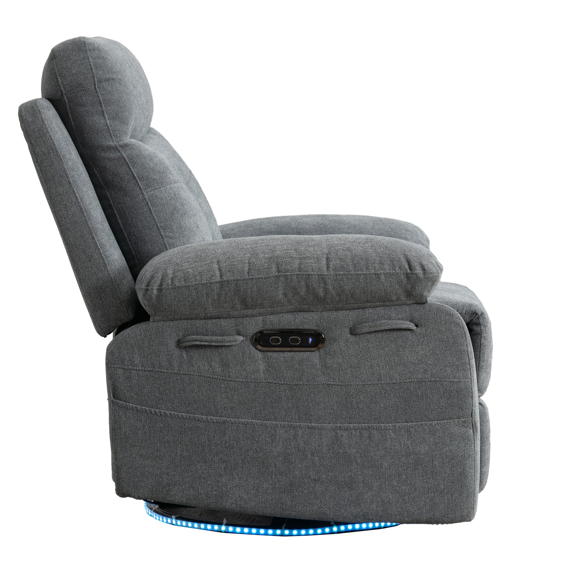 Power Recliner Glider Chair With Bluetooth Speaker 270 Degree Swivel With Led Light Side Arm With Storage Pockets Usb Type C Charging Port Button Control Retractable Footrest Adjustable Backrest Lg Light Grey Linen Power Push Button Metal Primary Living