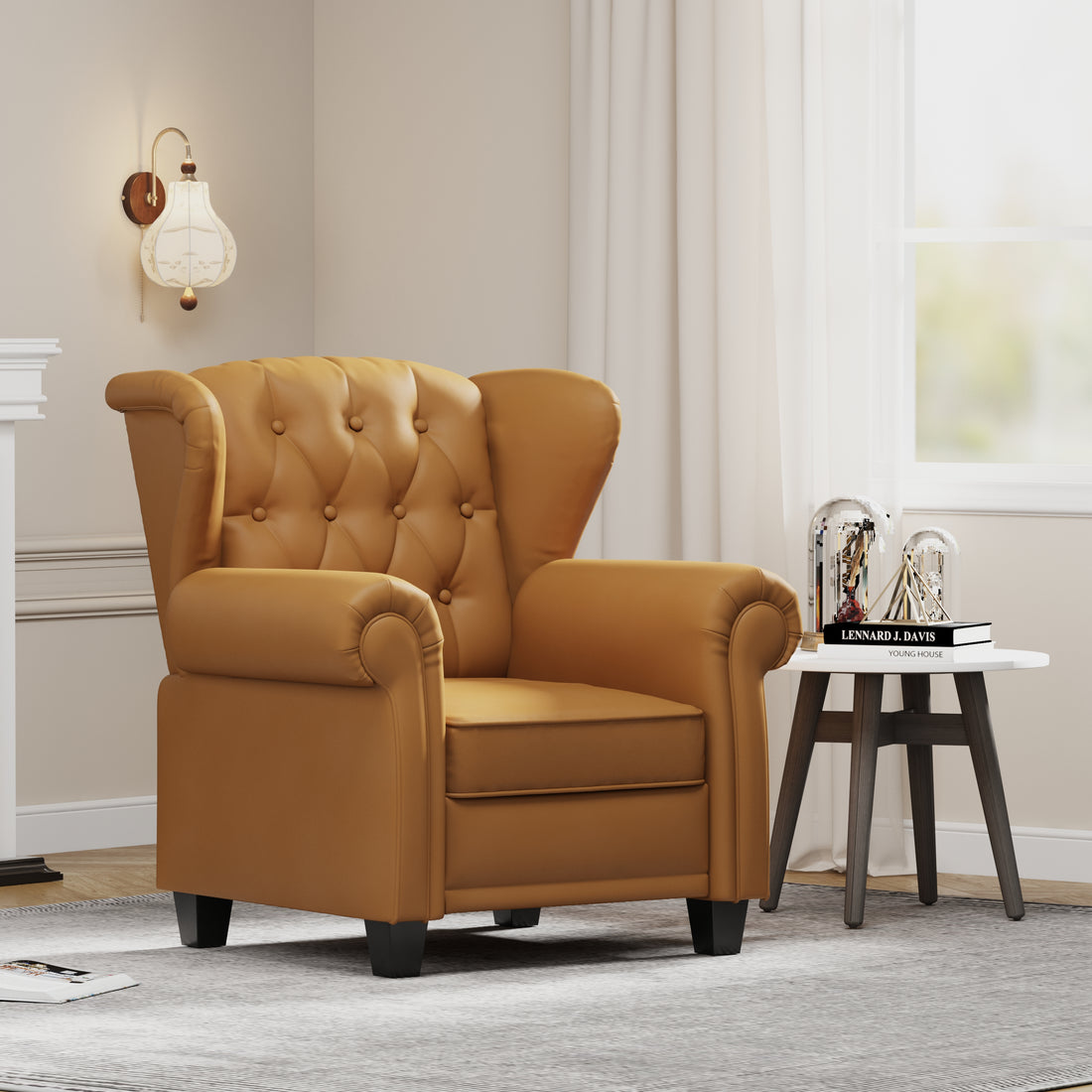 Modern Tufted Push Back Armchair Technical Leather Chair, Adjustable Single Sofa Chair With Sturdy Wood Legs For Bedroom, Living Room, Small Space Color:Orange Orange Mid Century Modern Foam