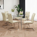 Modern Simple Rectangular Glass Dining Table, Solid Tempered Glass Tabletop, Electroplated Table Legs, Light Yellow Pu Dining Chair Set, Suitable For Restaurant Kitchen Use Set Of 7 Upholstered Chair Glass Light Yellow Seats 6 Metal Rectangular Dining
