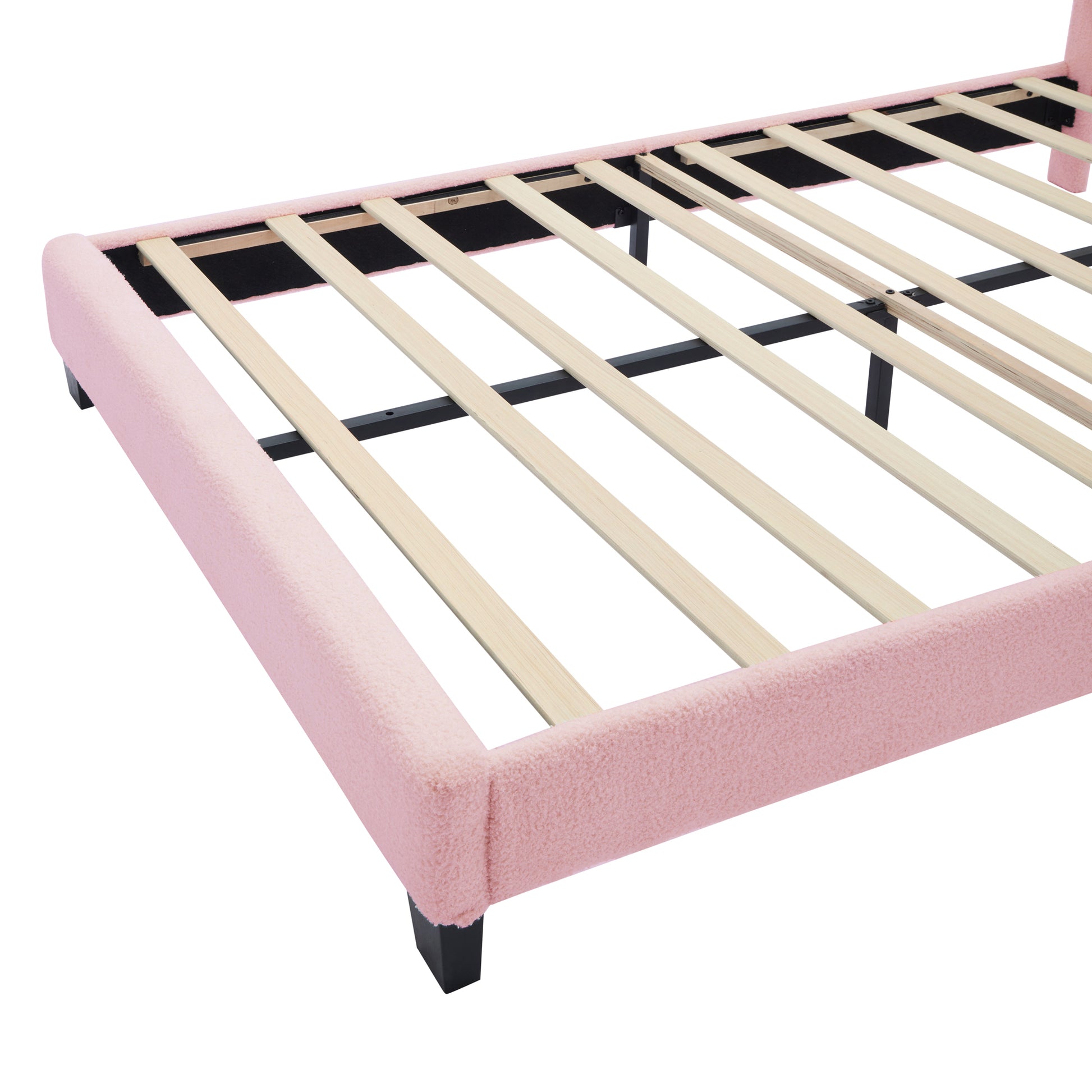 Full Size Upholstered Flower Shape Bed, Elegant Flowers Headboard With Led Light Strip ,Sherpa Fabric Platform Bed With Wooden Slats Support, Pink Full Pink Wood