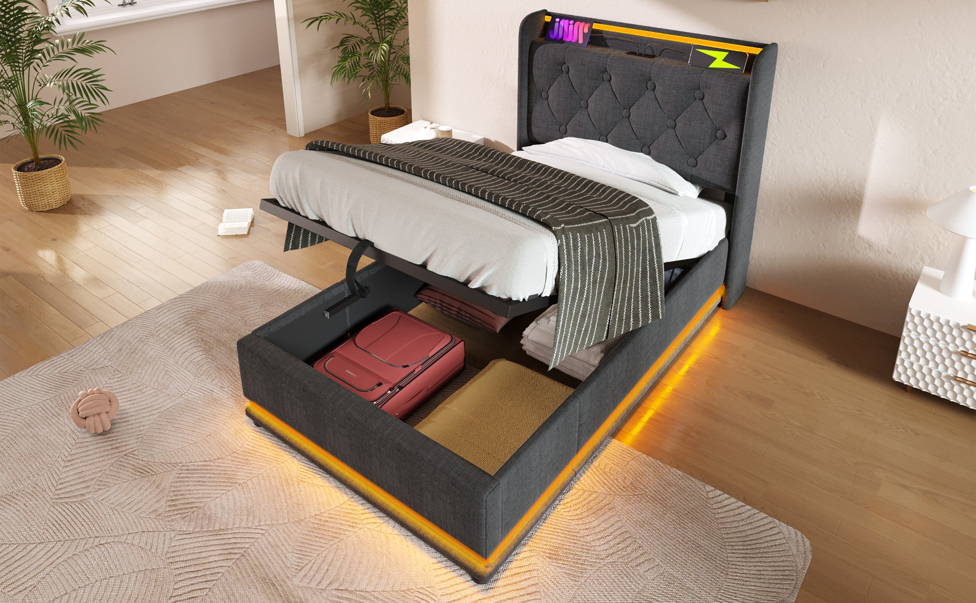Twin Size Upholstered Bed, 360 Surround Led Function, Buttons Apps Remote Control, Hydraulic Storage Bed With Usb Type C Charging, Gray,Linen Without Mattress Twin Gray Linen