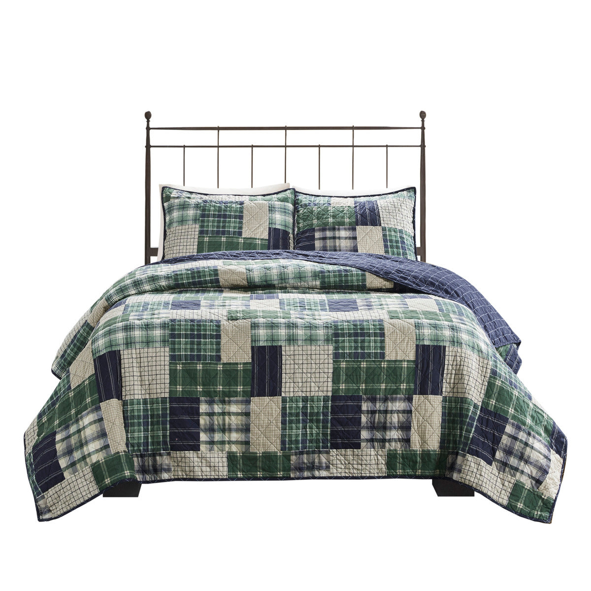 3 Piece Reversible Printed Quilt Set Green Navy King Cal King Green Navy Microfiber