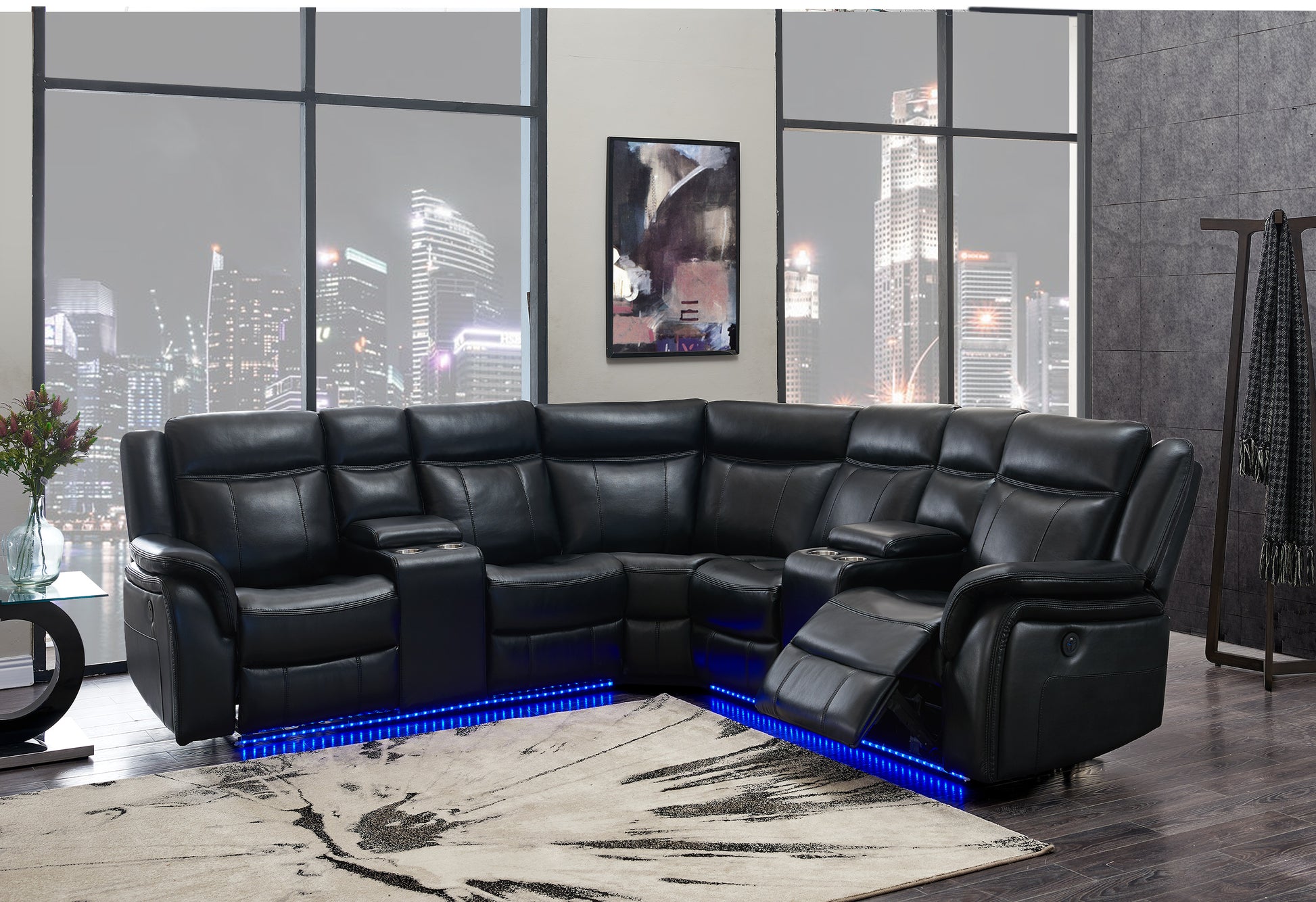 Jupiter Black Leather Sectional Black Pu 5 Seat